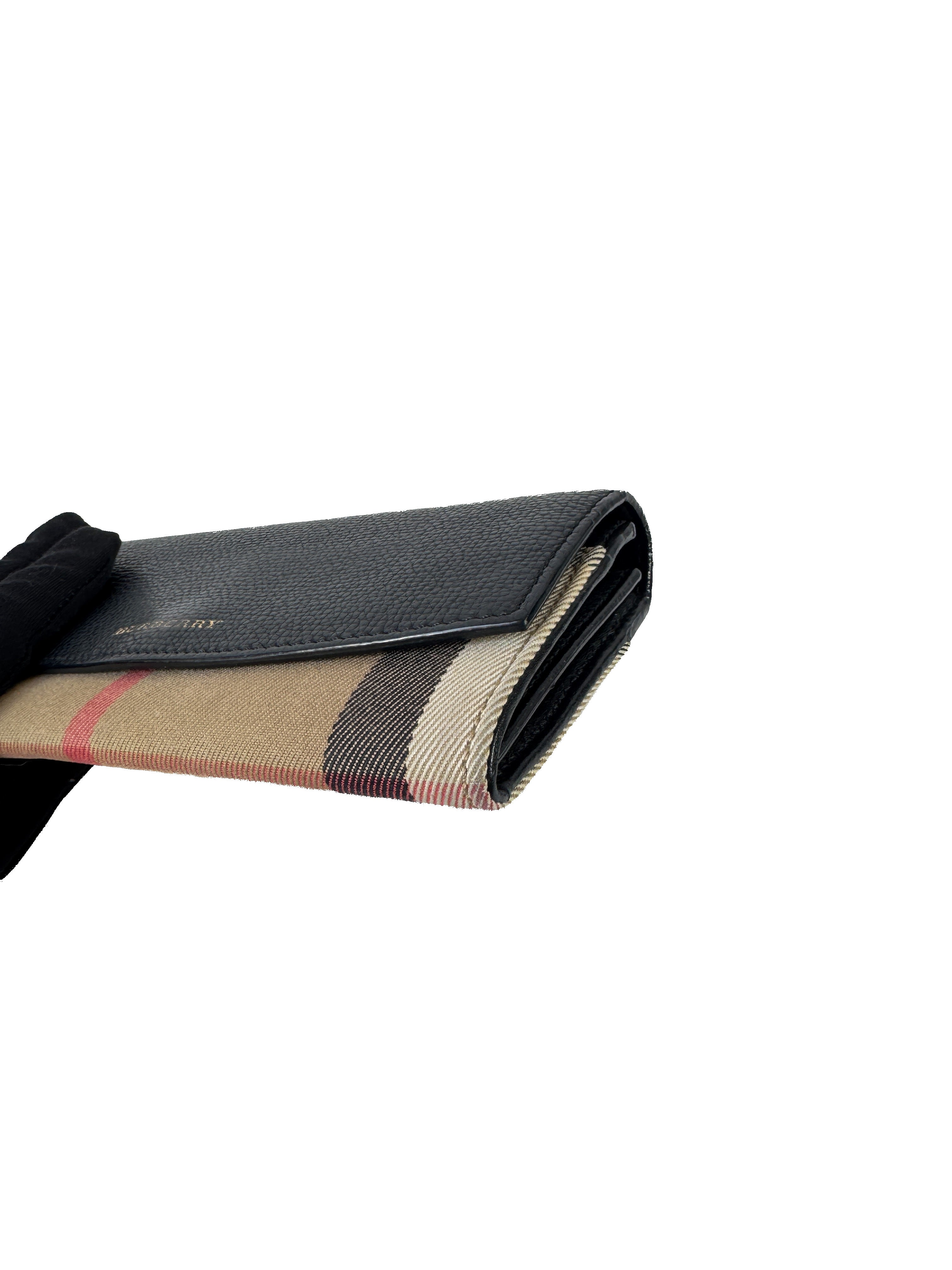 Burberry black leather check long wallet