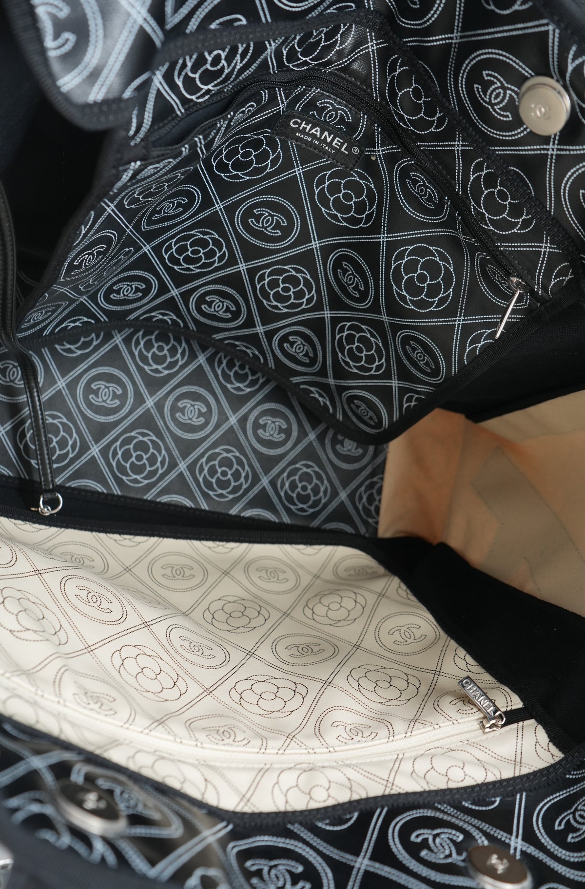 Chanel black cream Camellia shopper tote 256193844