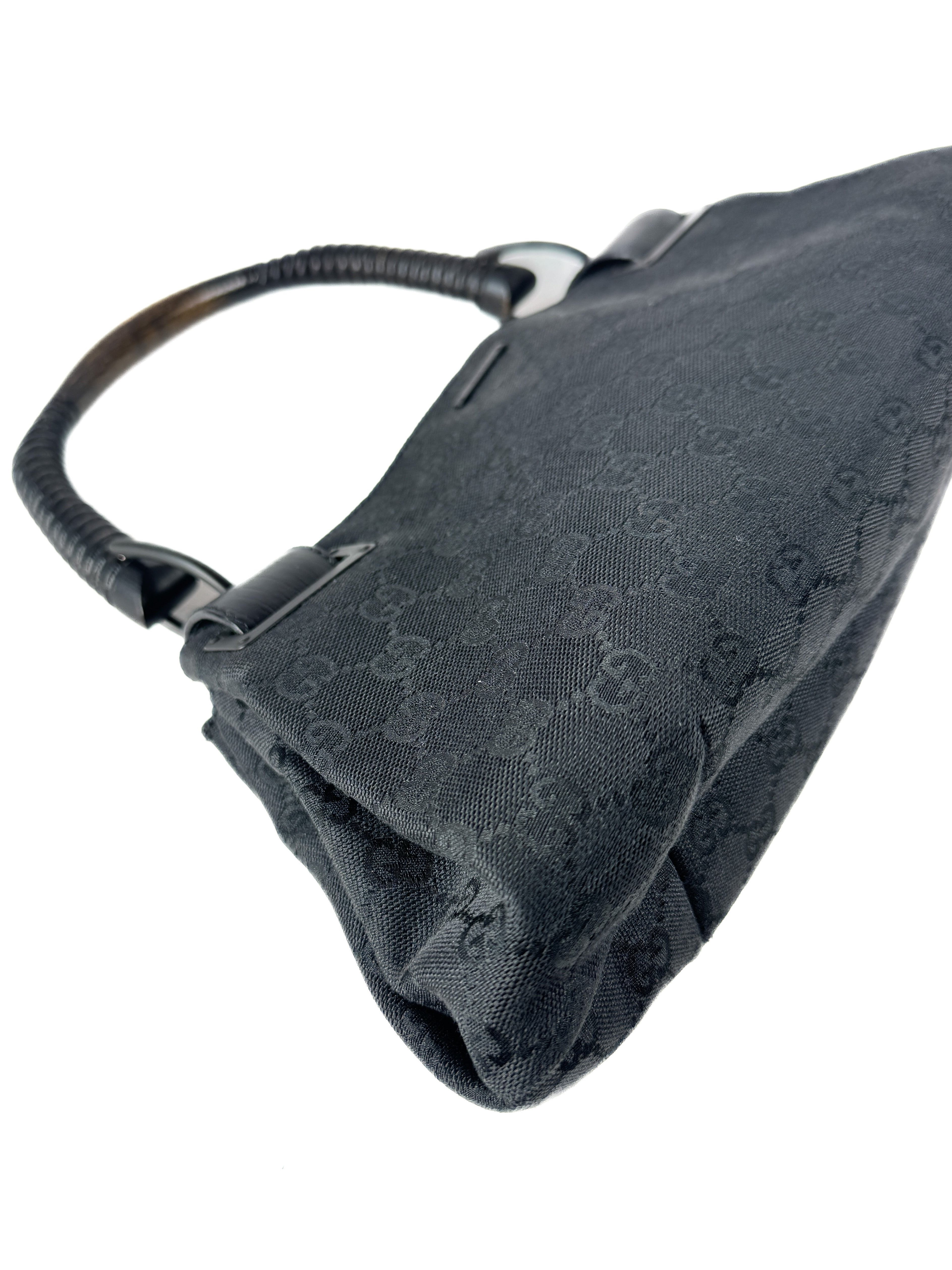 Gucci black leather GG wooden handle bag 112684 3444