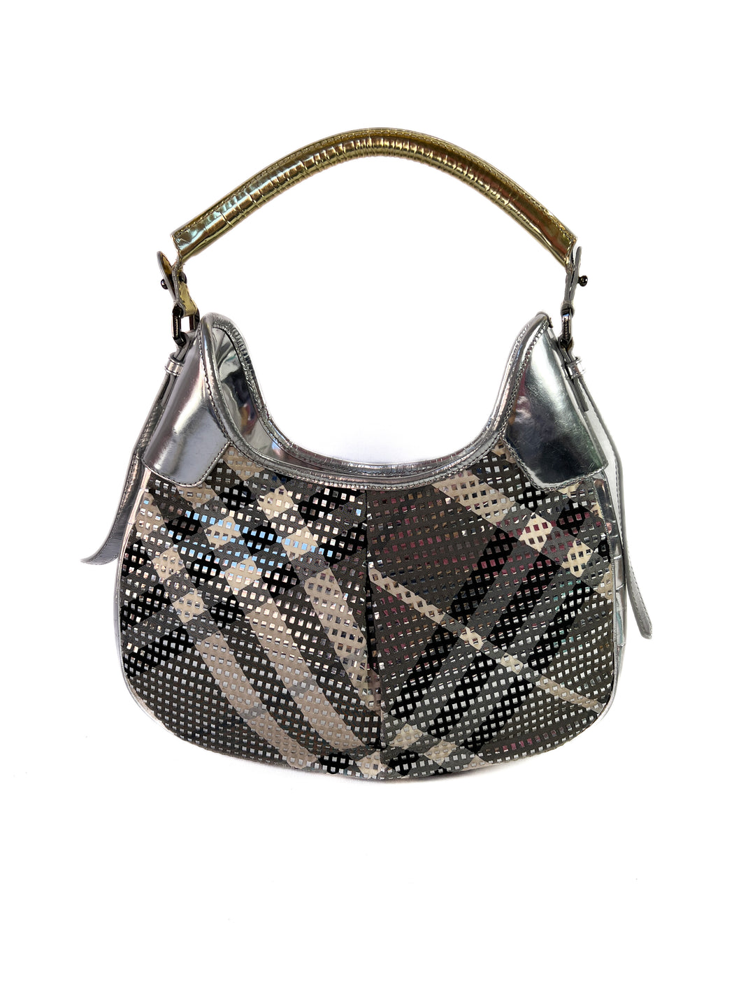 Burberry gray plaid silver and gold shoulder bag