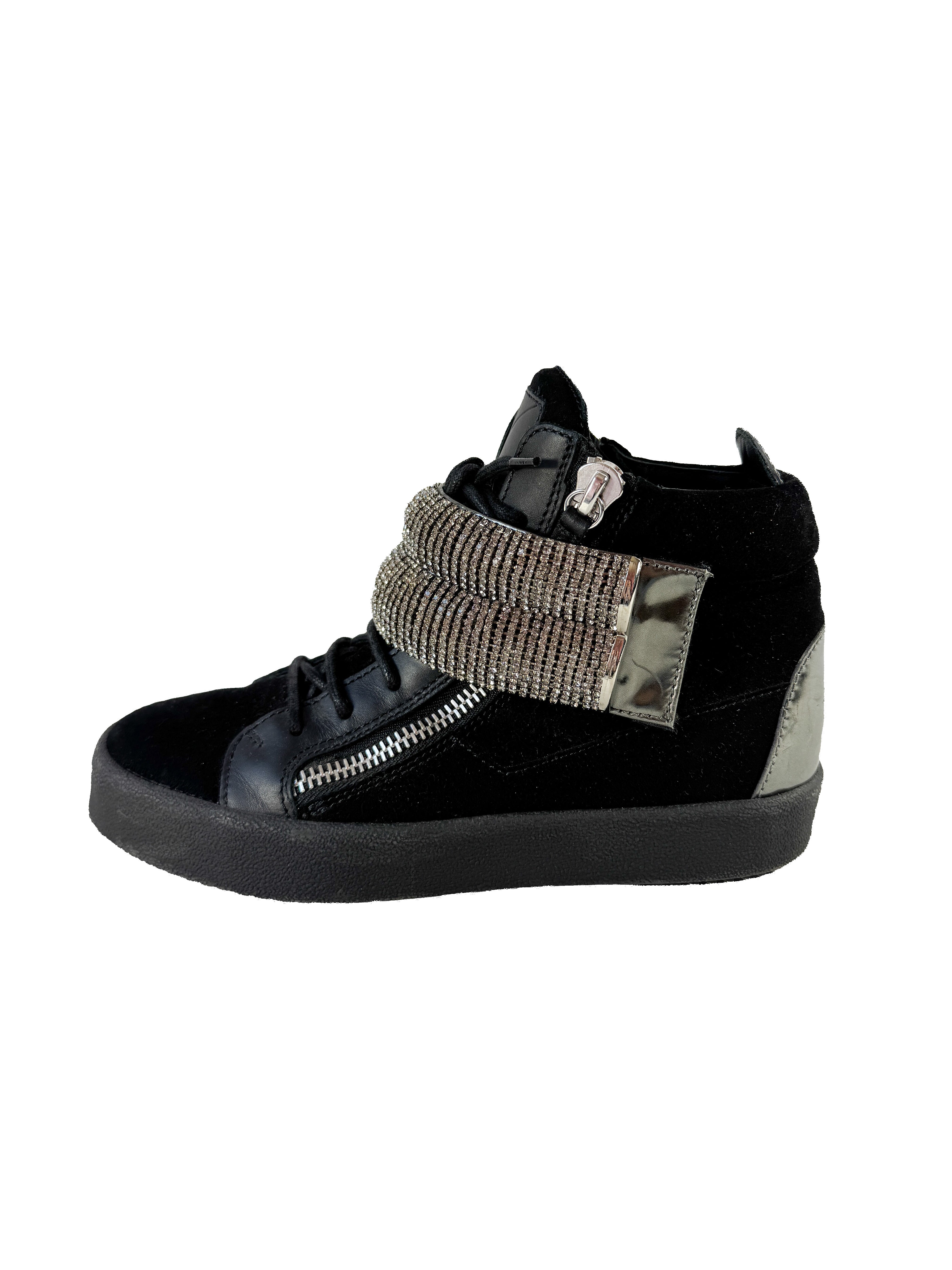 Giuseppe Zanotti black suede rhinestone high top sneakers size 37.5