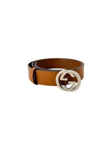 Gucci brown Selleria Calfskin Nickel Interlocking G  size 100 40 (546389)
