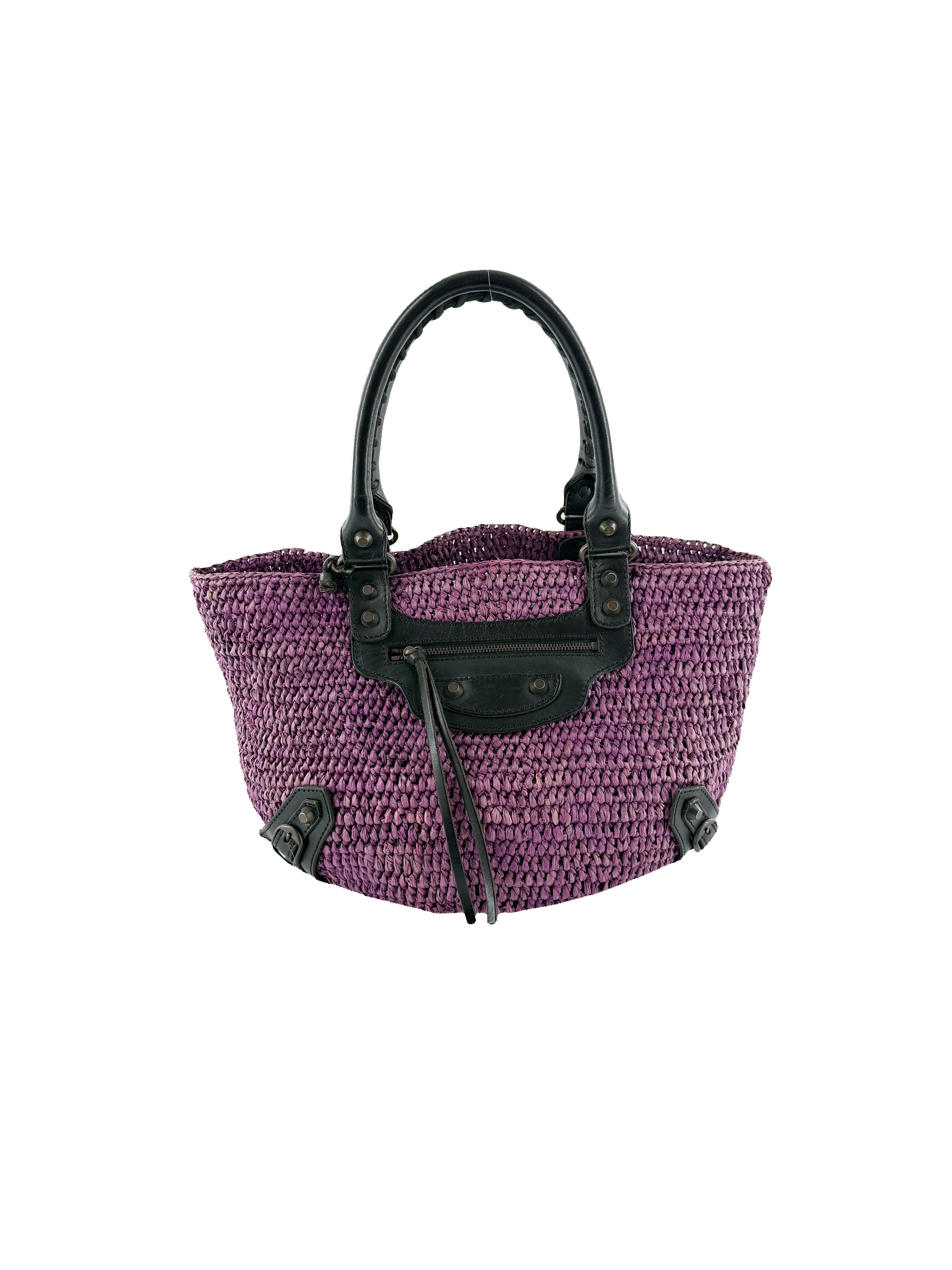 Balenciaga purple, black Raffia Motocross Panier basket 23674105260 515859