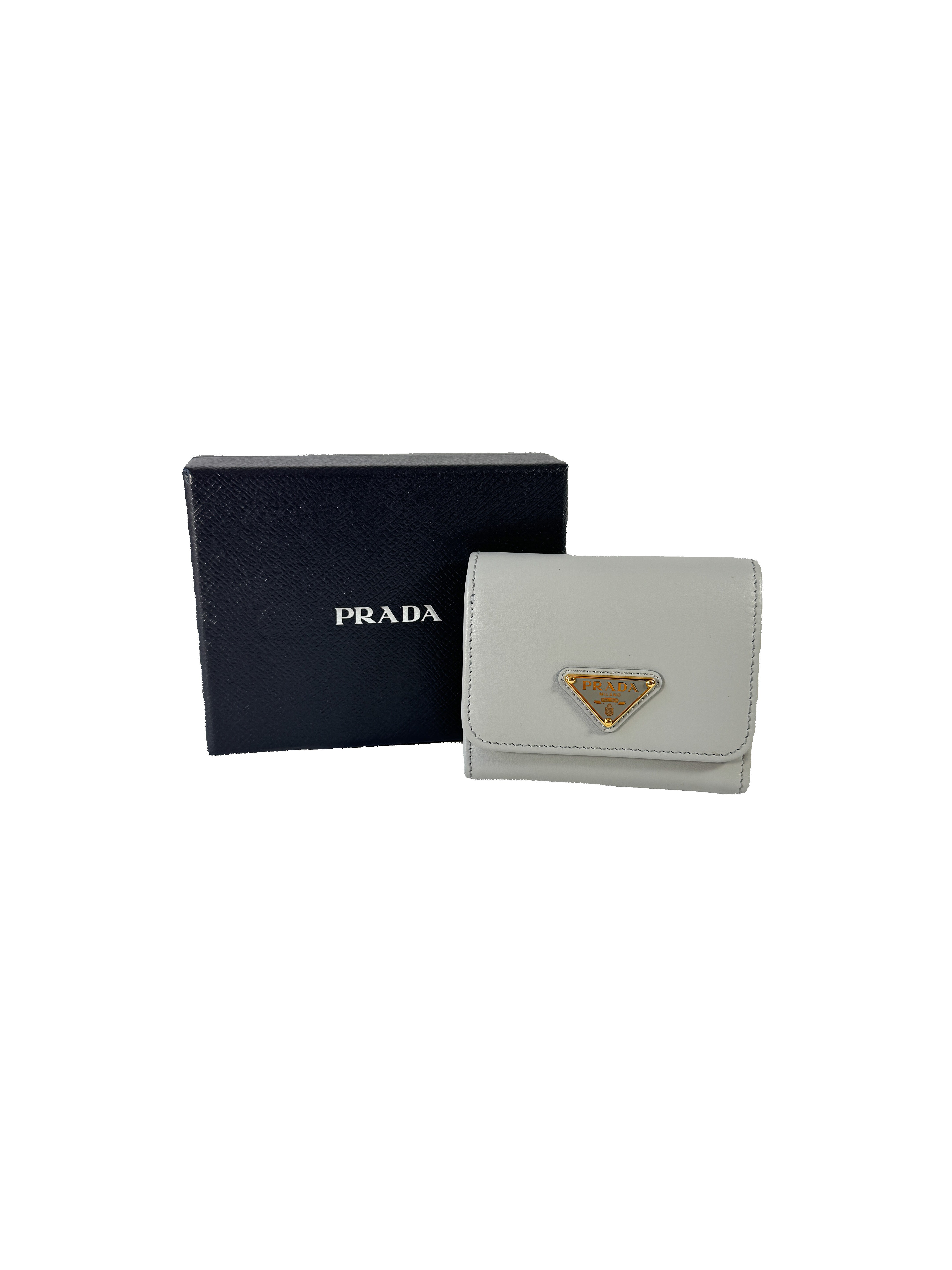 Prada blue/gray small leather tab wallet NEW