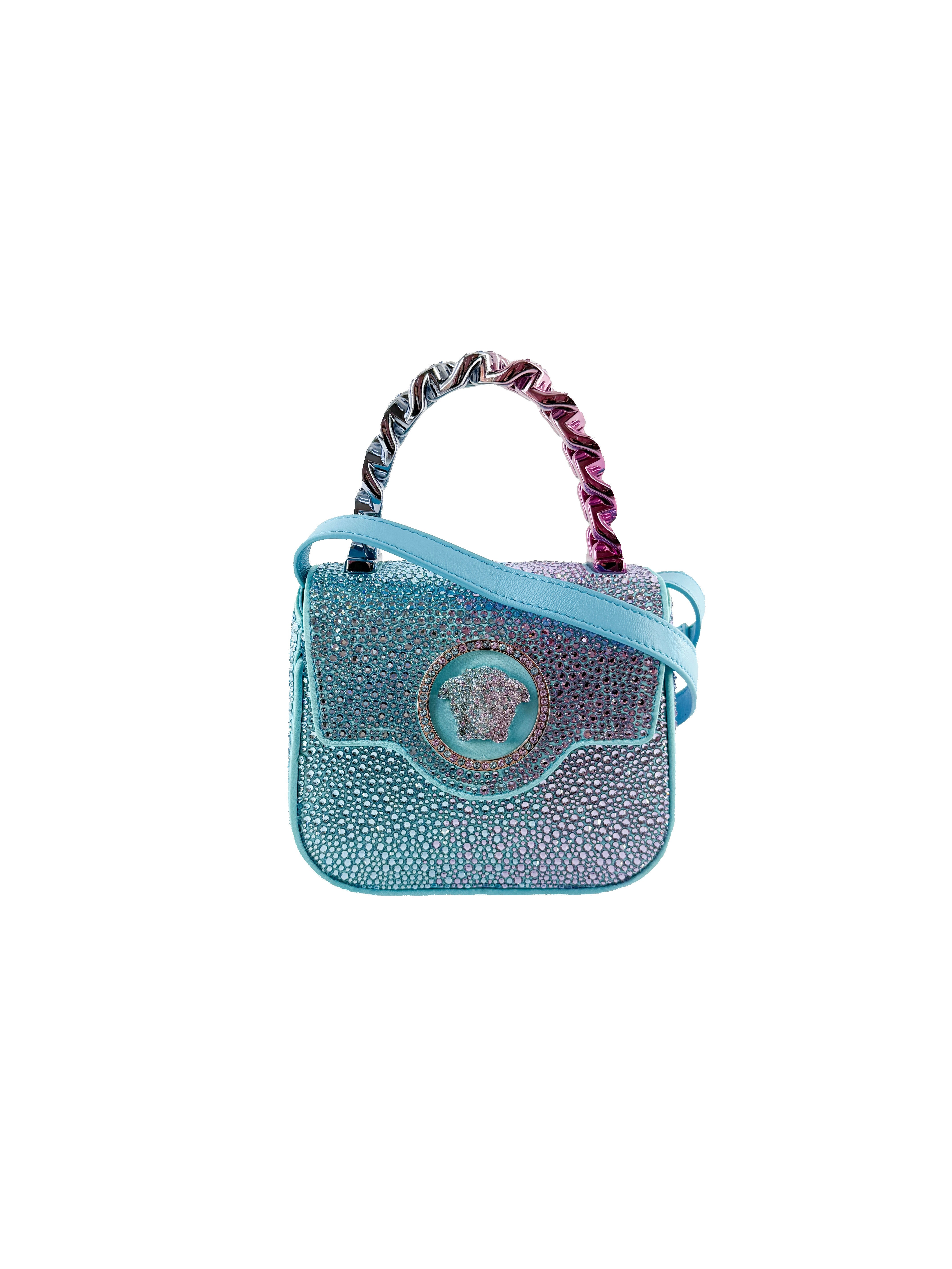 Versace satin crystal studded mini La Medusa bag blue/pink