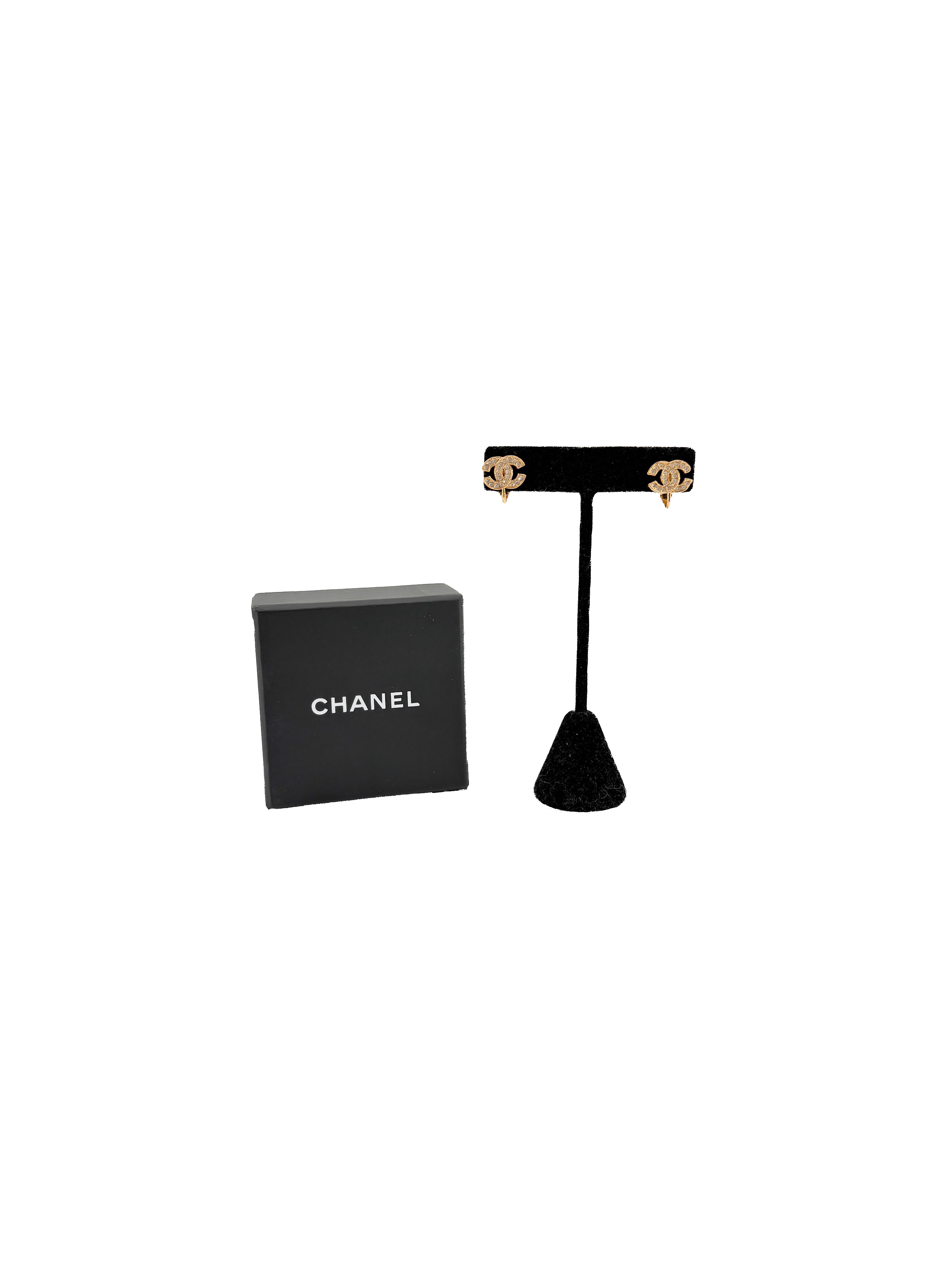 Chanel gold tone crystal CC clip on earrings