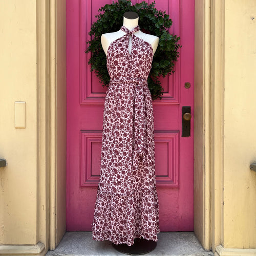 Vineyard Vines burgundy pink floral halter dress size 14 NWT