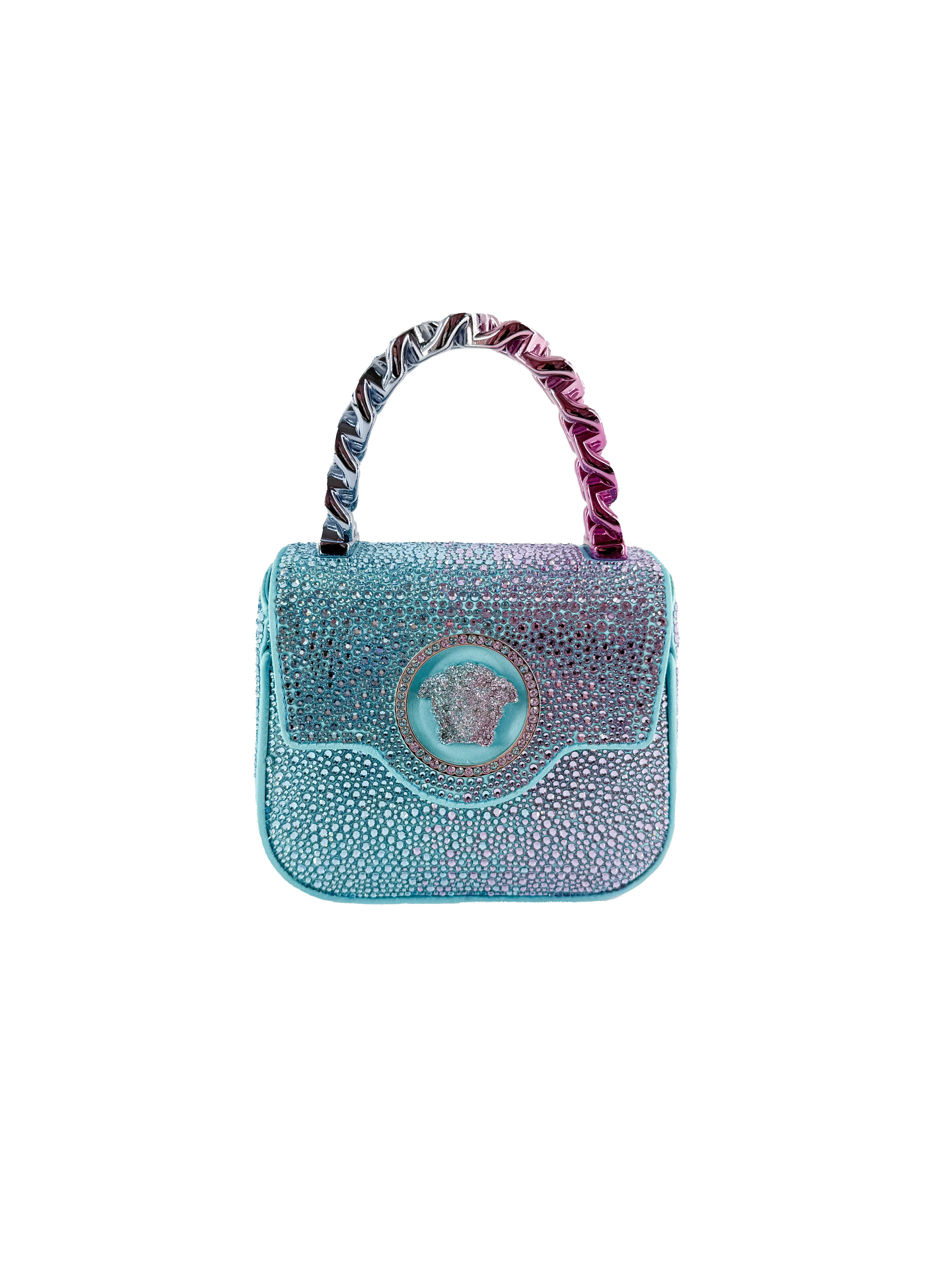 Versace satin crystal studded mini La Medusa bag blue/pink