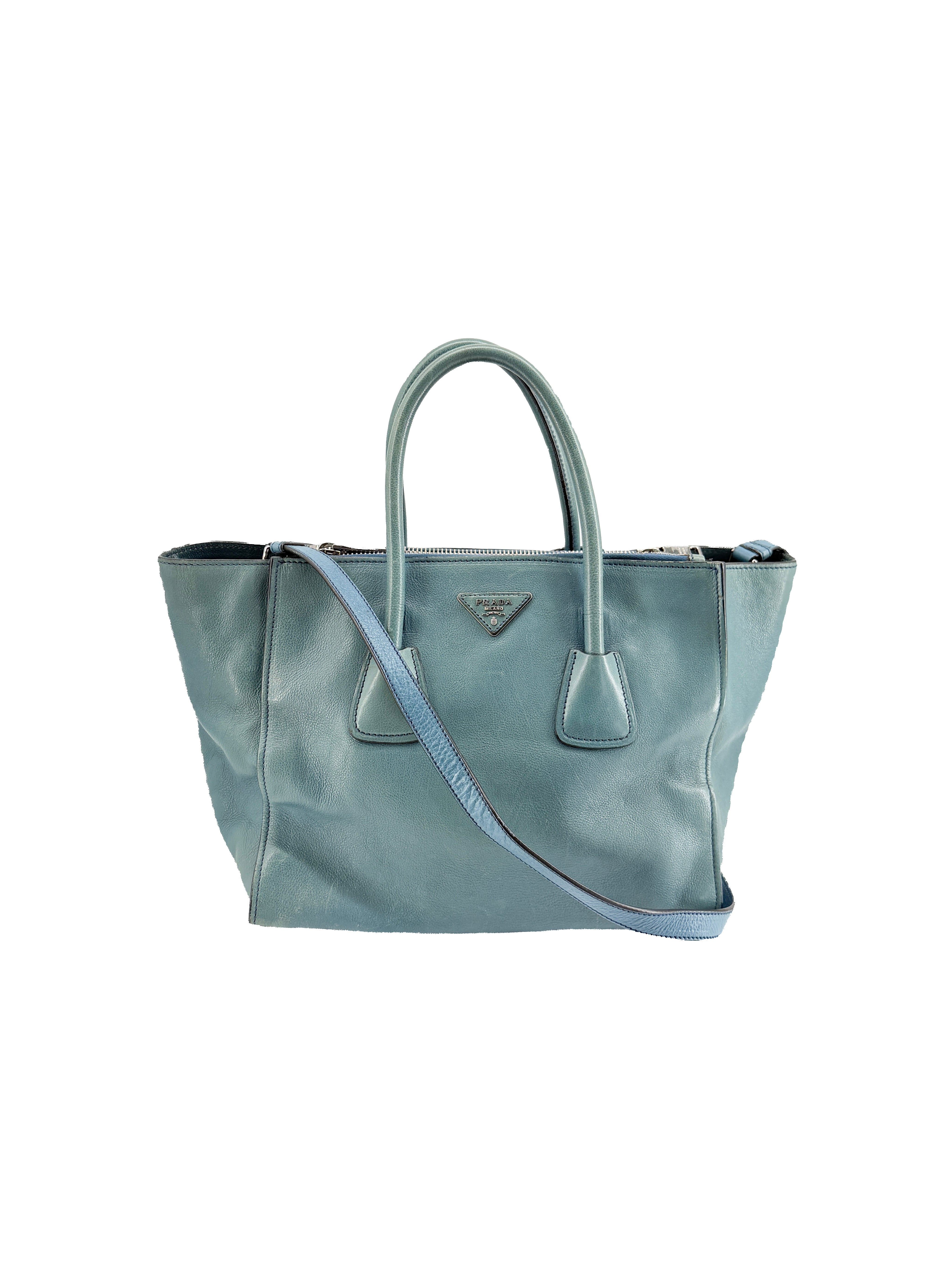 Prada teal twin pocket Glace leather tote 14/O