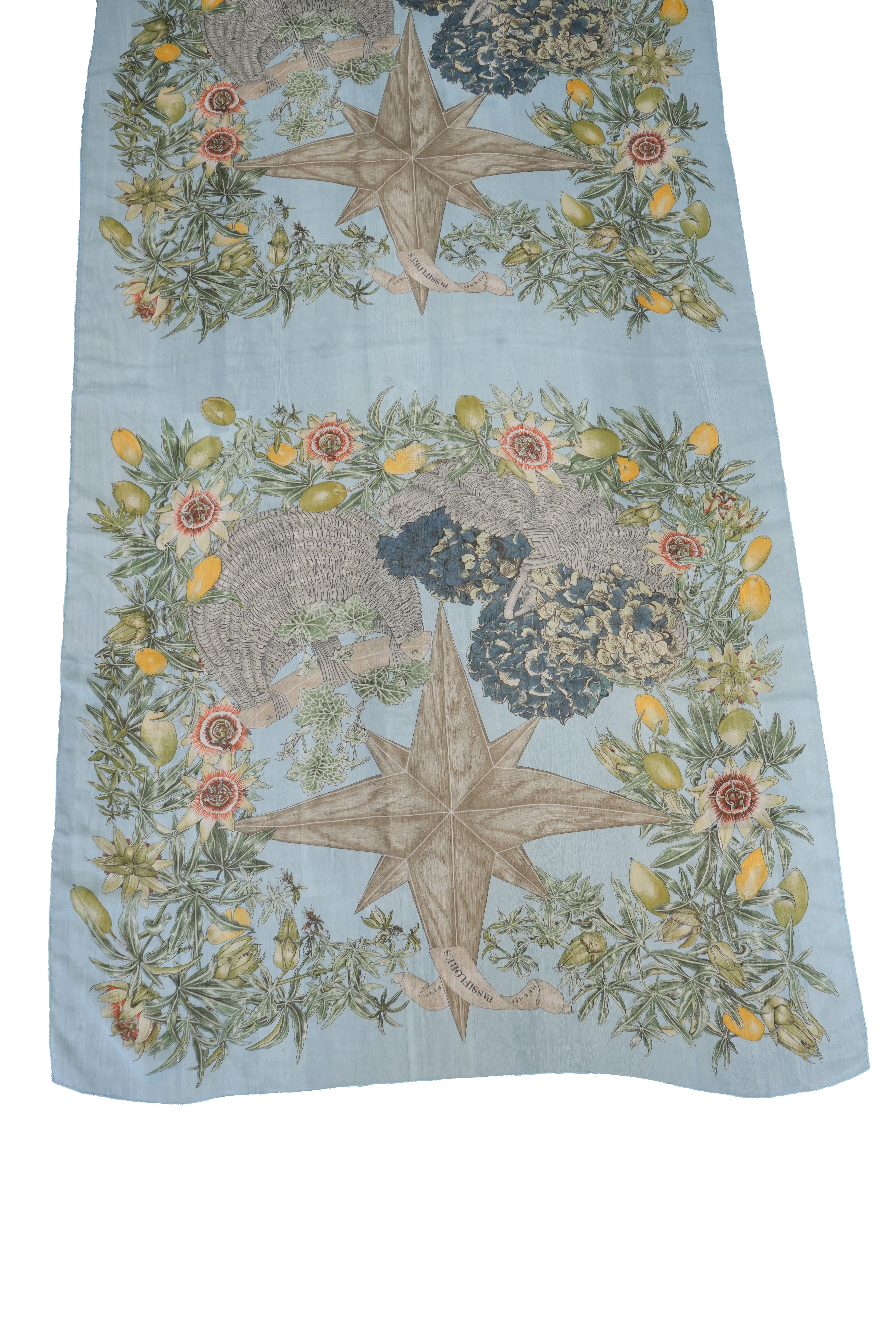 Hermès blue silk Passiflores oblong mousseline shawl