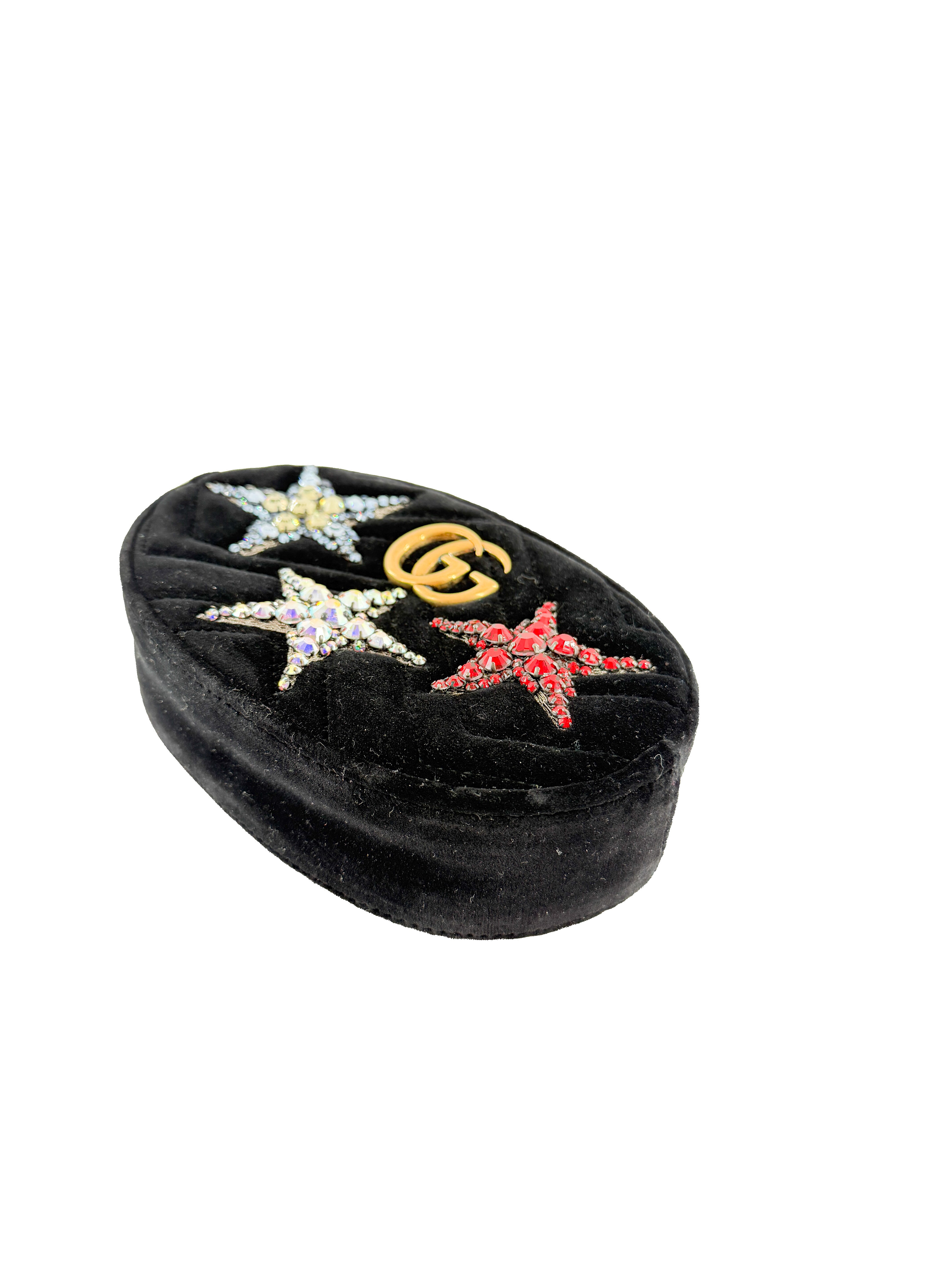 Gucci black leather, velvet crystal star GG marmont belt bag 476434 493075