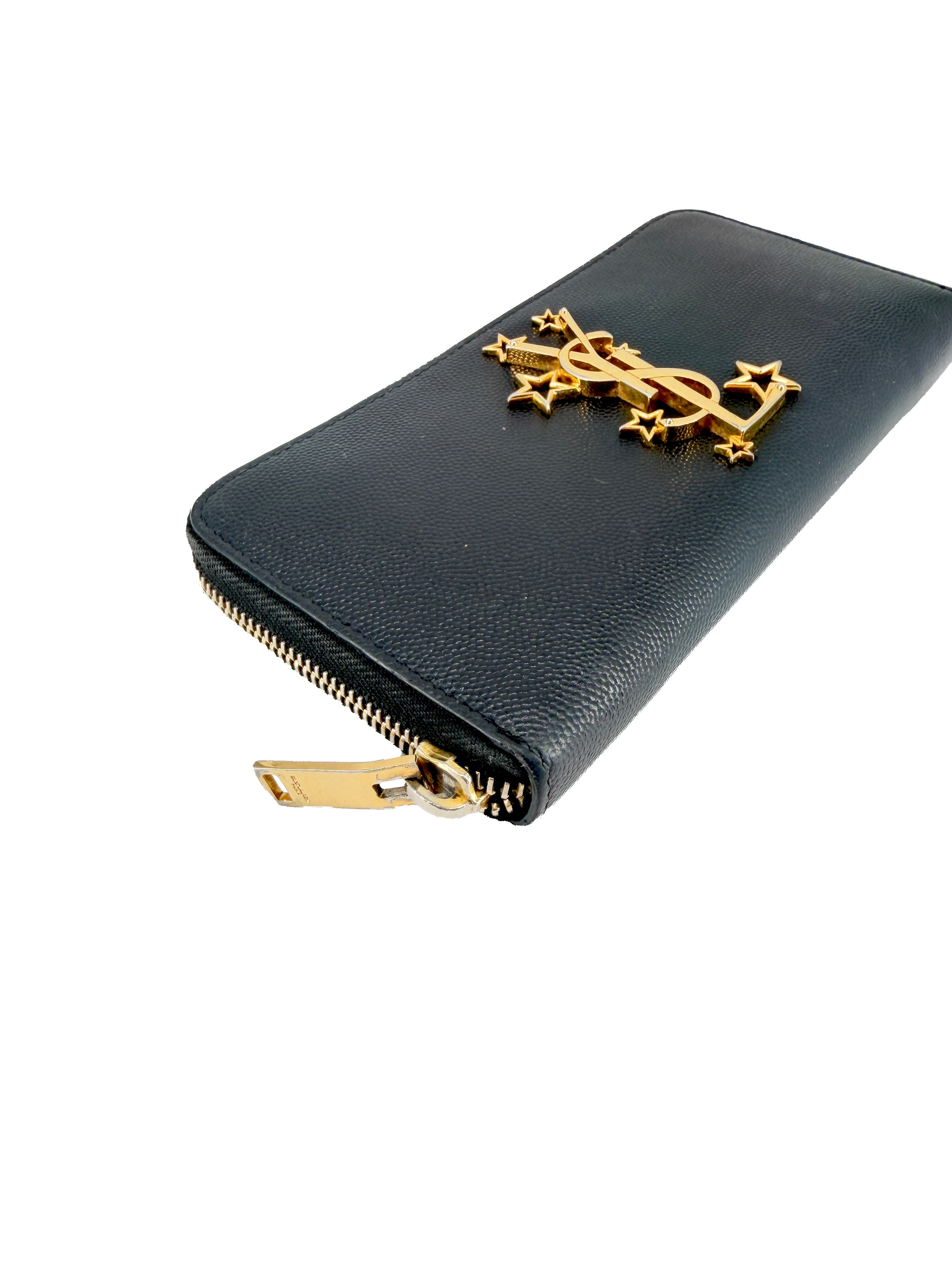 Saint Laurent black star motif leather zip around wallet HPP447985076