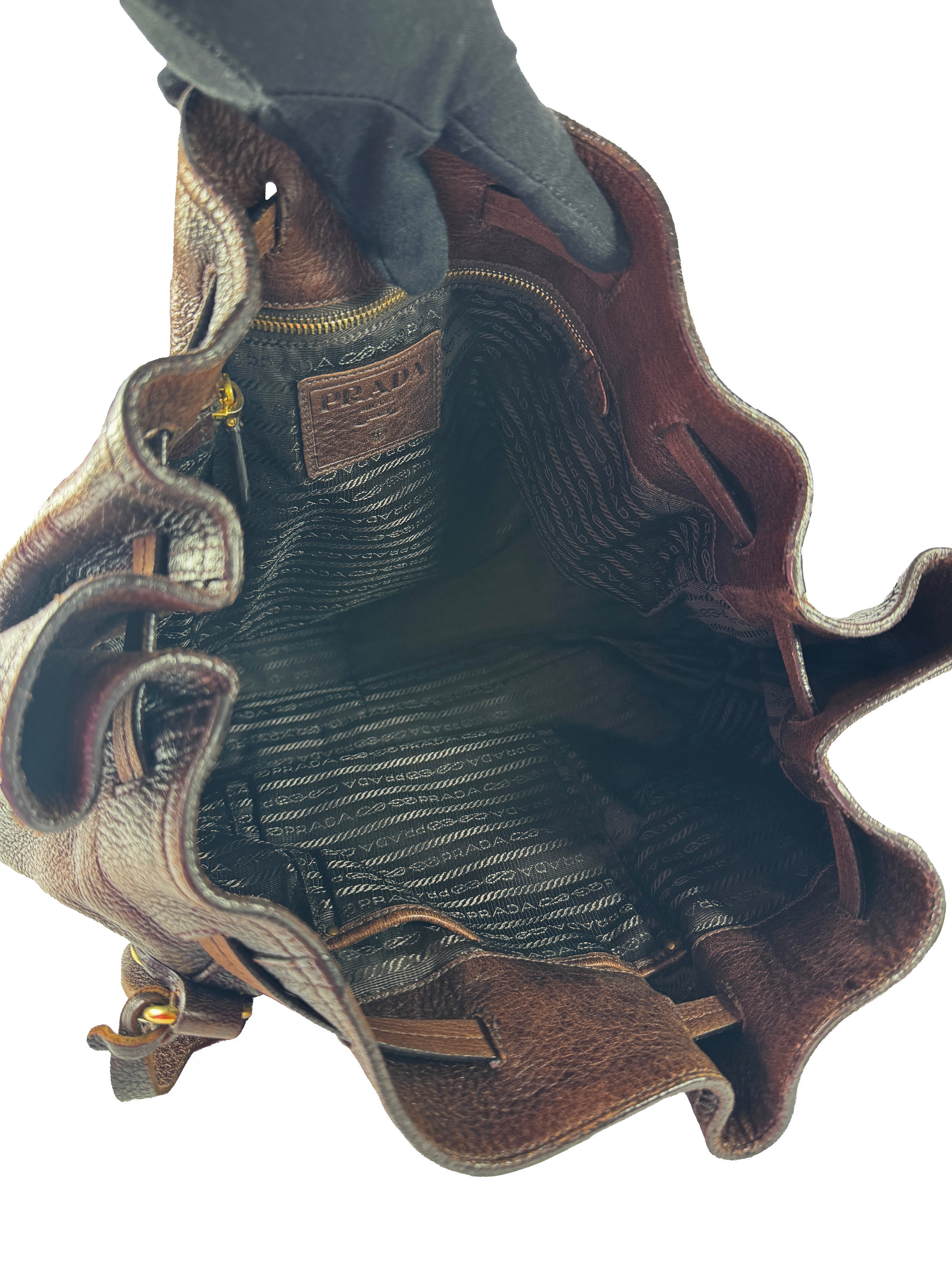 Prada brown leather Cervo Antik drawstring bag  T7