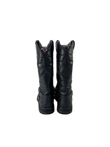 Chanel black Oily Calfskin Star Quilted Biker Boots 38.5 IG30209 *as is*