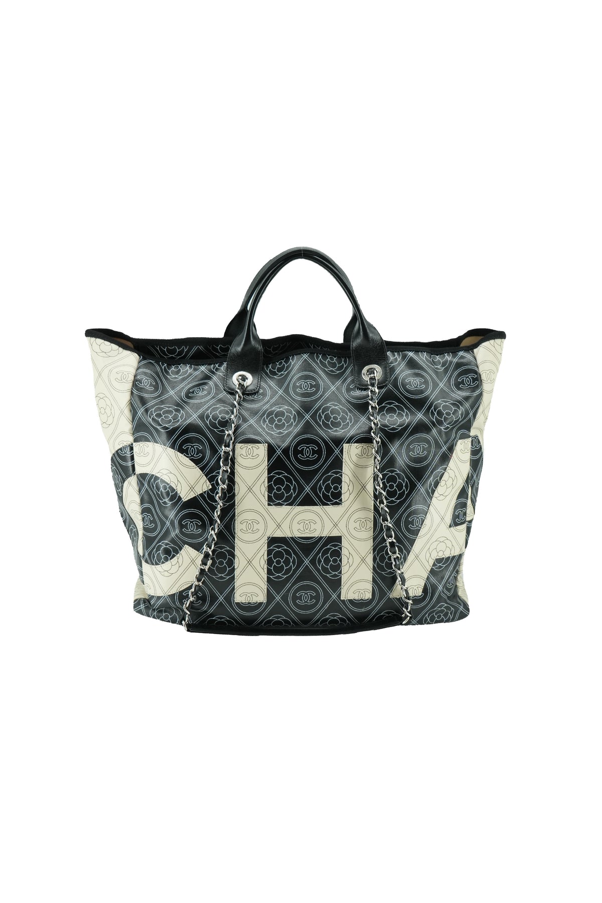 Chanel black cream Camellia shopper tote 256193844