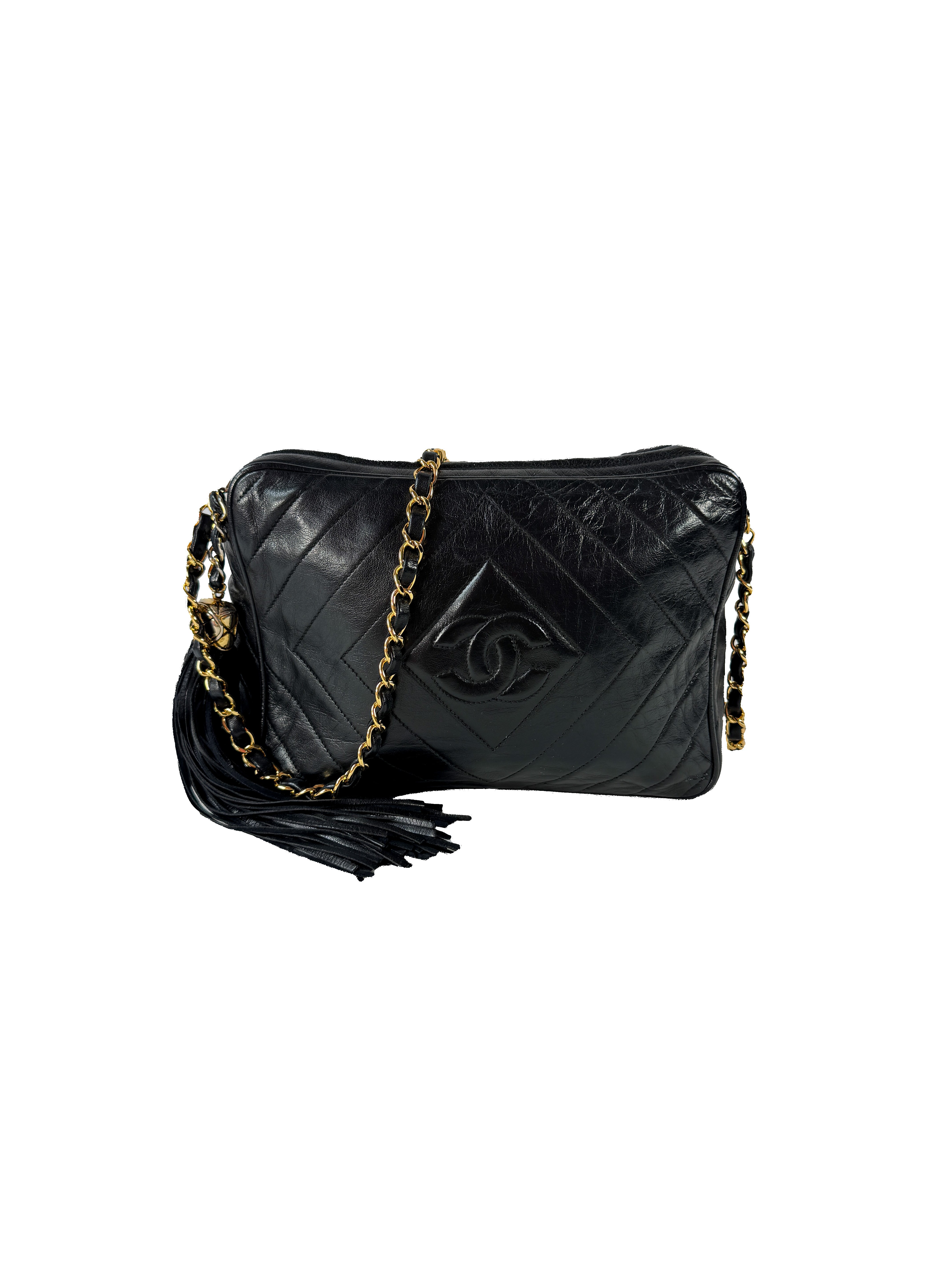 Chanel black leather chevon CC camera crossbody 1989746