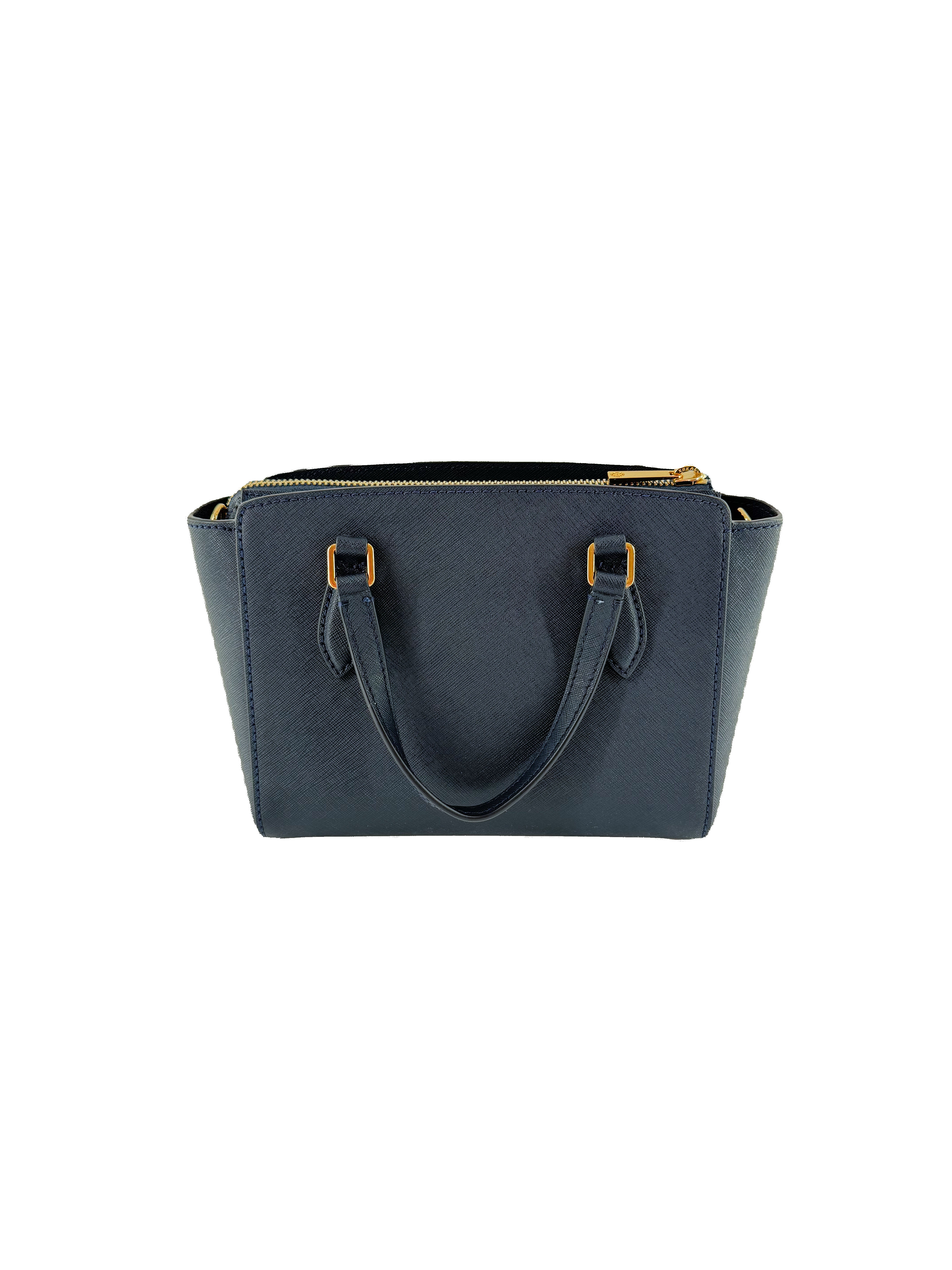 Tory Burch navy leather Emerson mini top zip tote