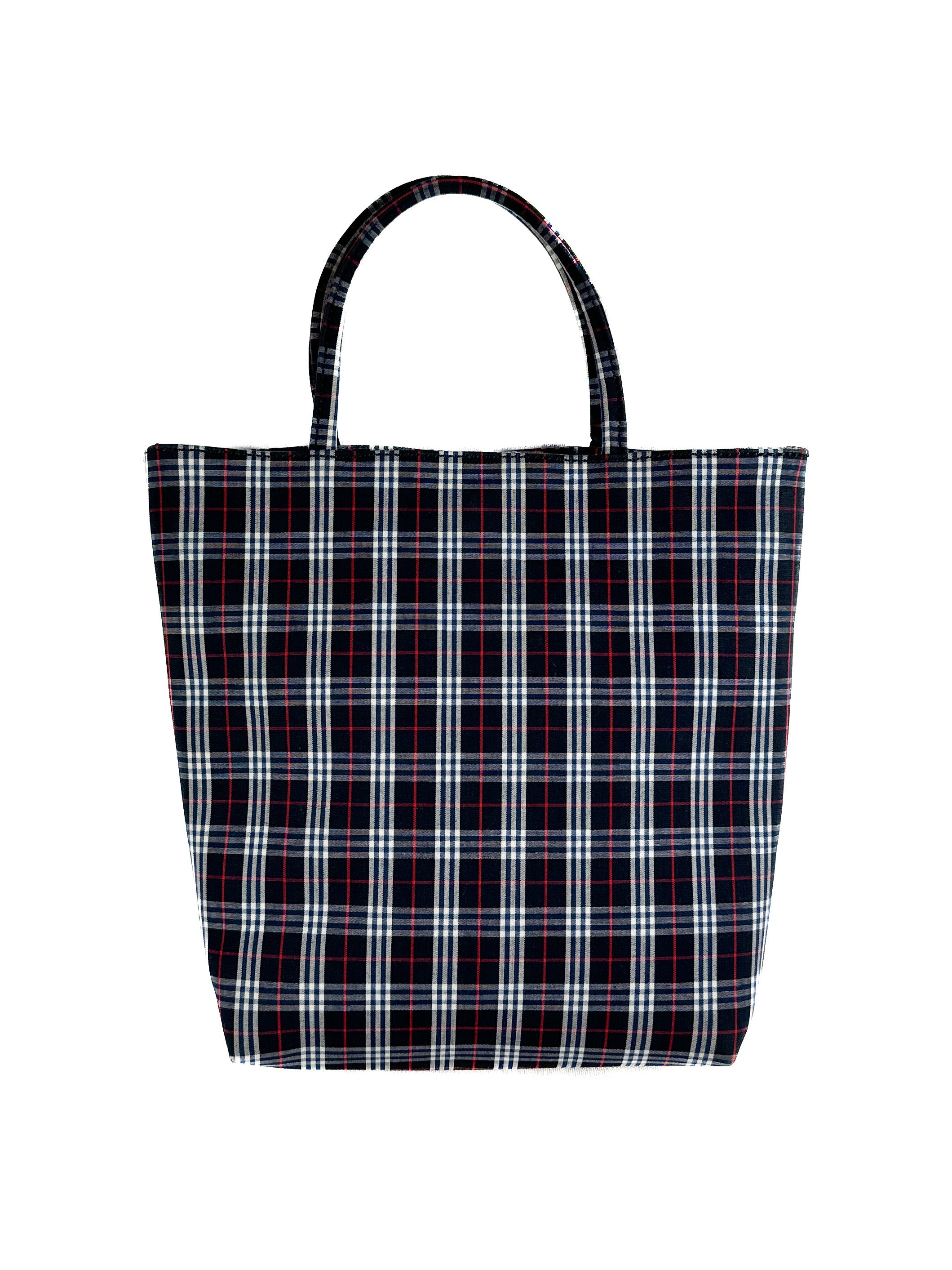Burberry navy, white, red plaid canvas tote