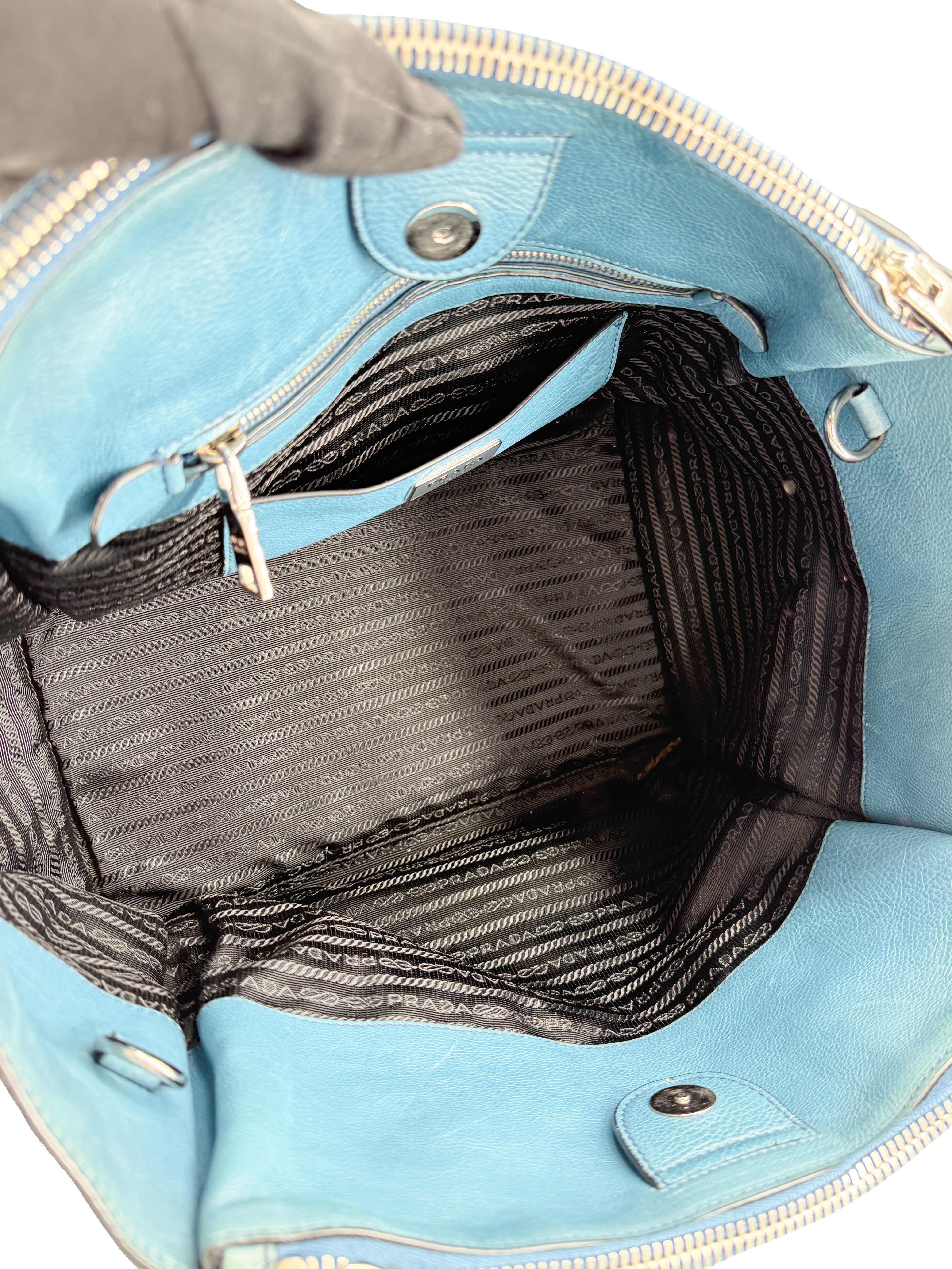 Prada teal twin pocket Glace leather tote 14/O