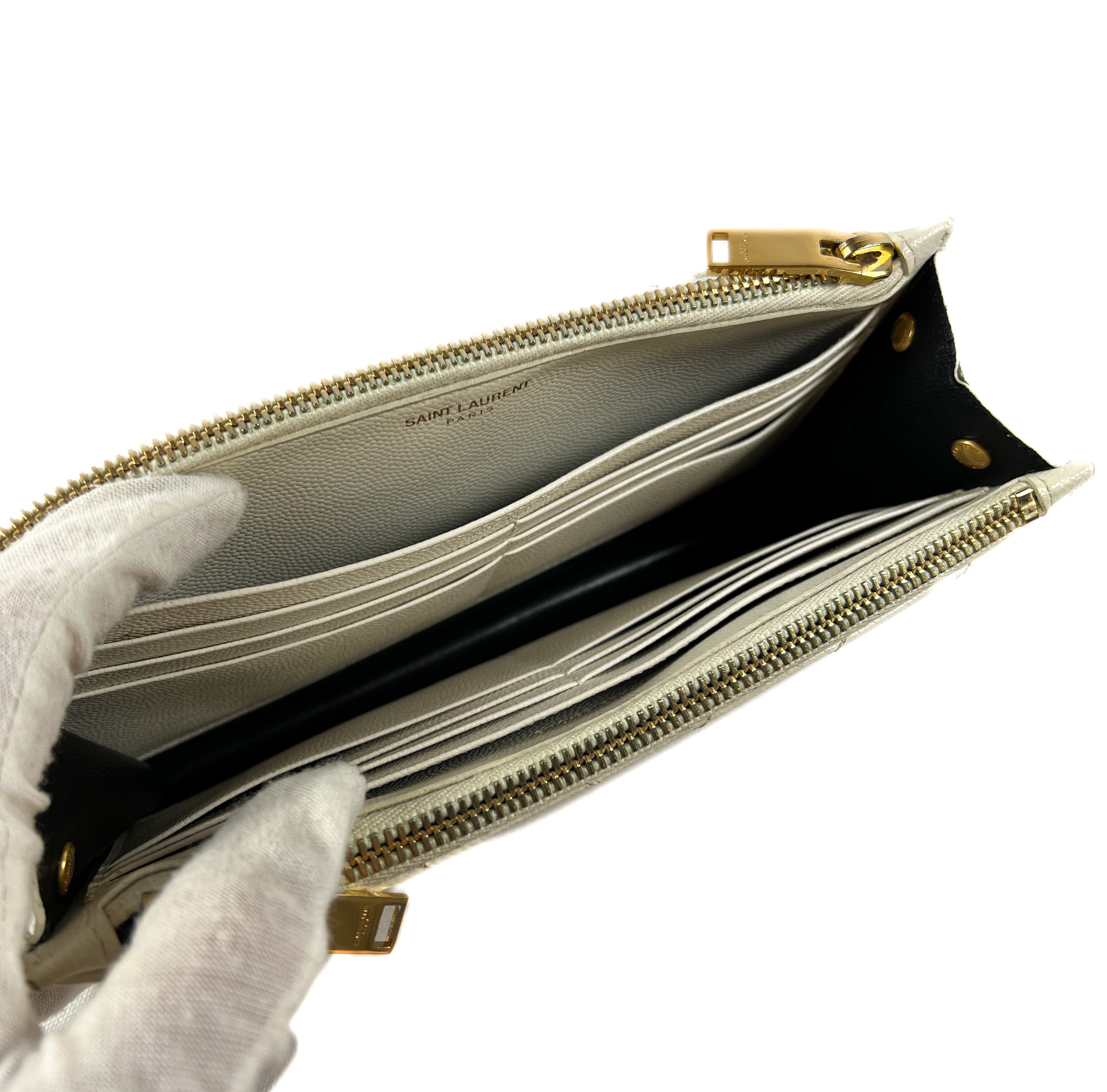 Saint Laurent off white Grain De Poudre Matelasse Chevron Double Zip Wallet