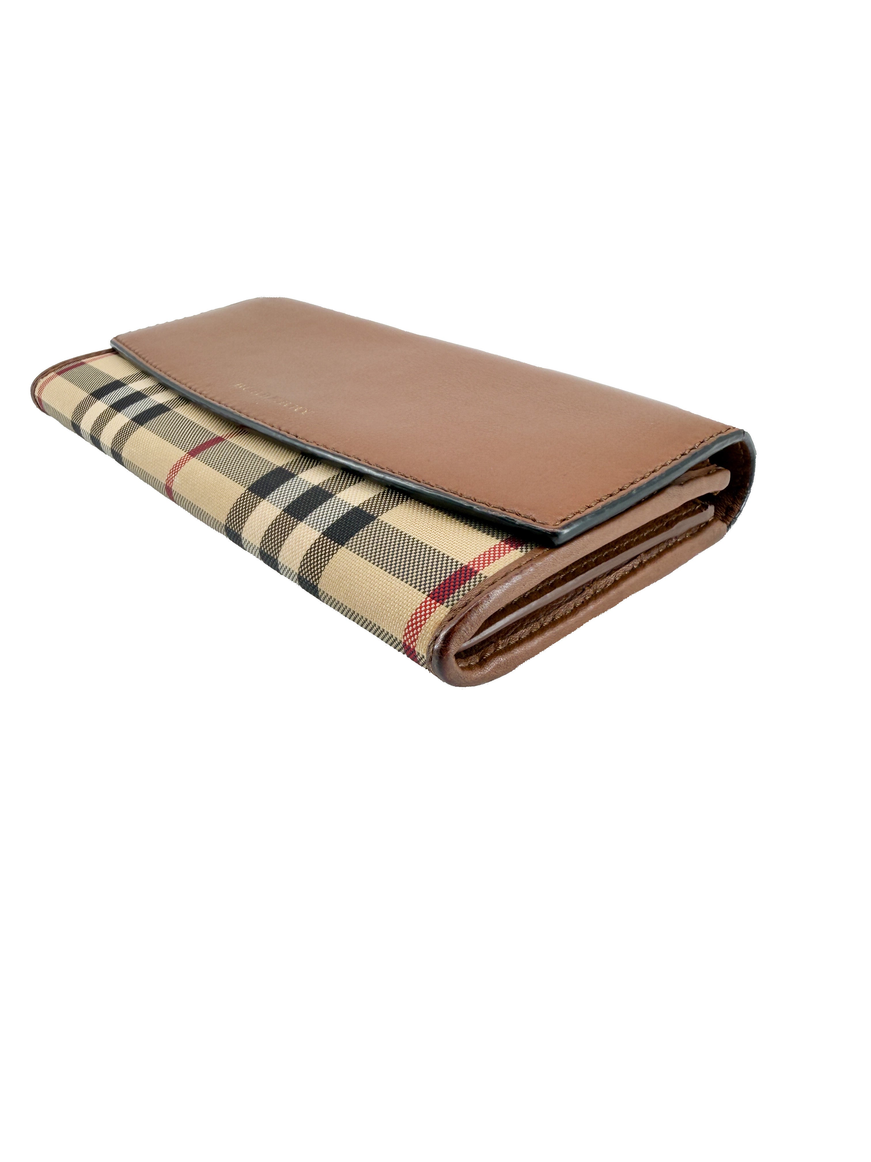Burberry brown leather canvas check wallet