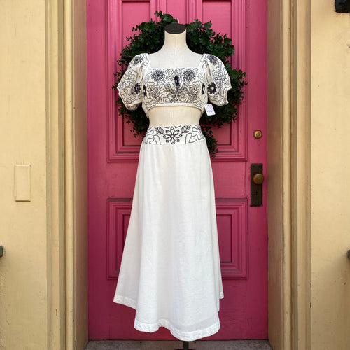 Free People white navy embroidered 2 piece set size S NWT