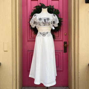 Free People white navy embroidered 2 piece set size S NWT