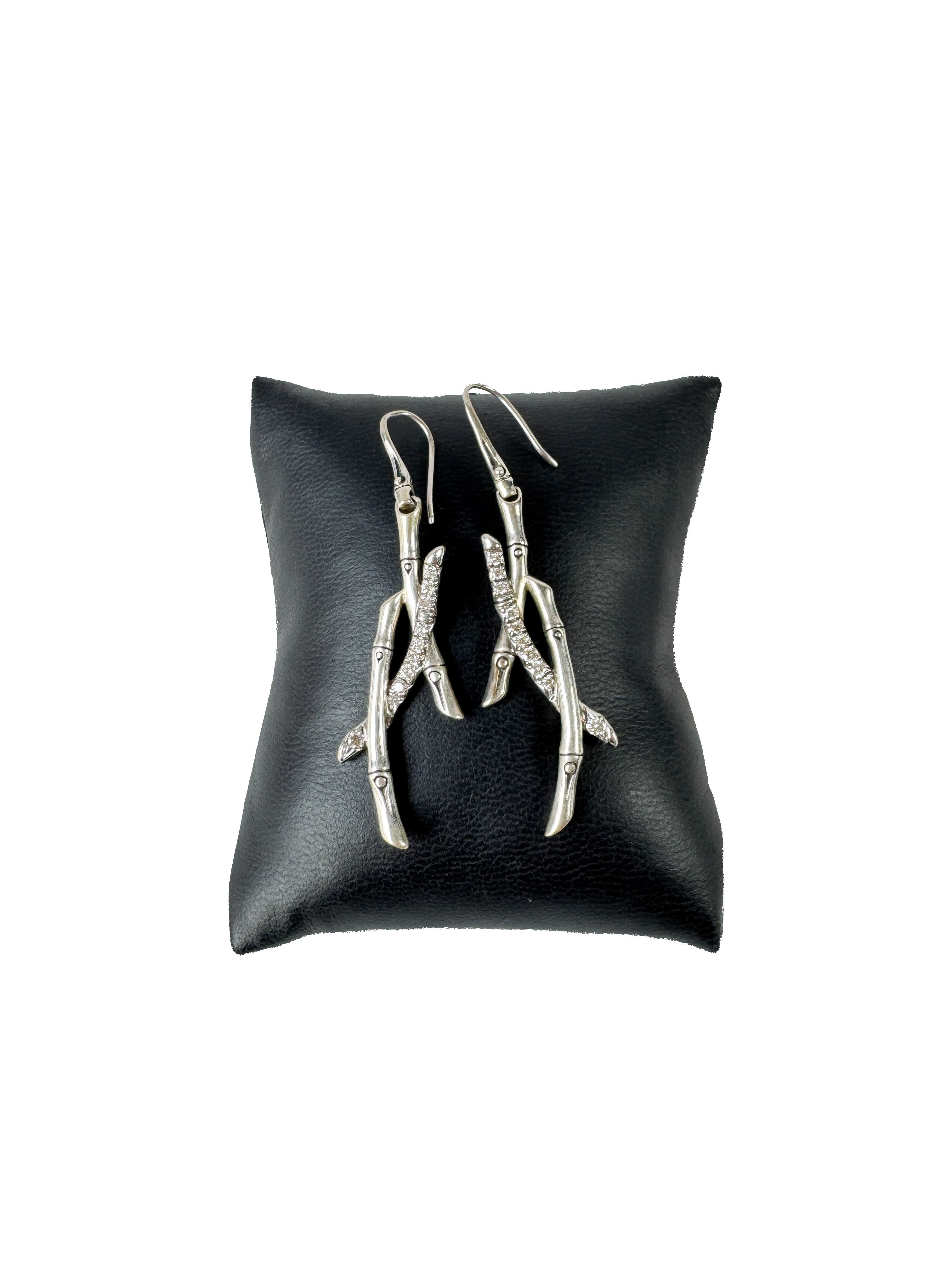 John Hardy sterling silver Pavé diamond bamboo dangle earrings