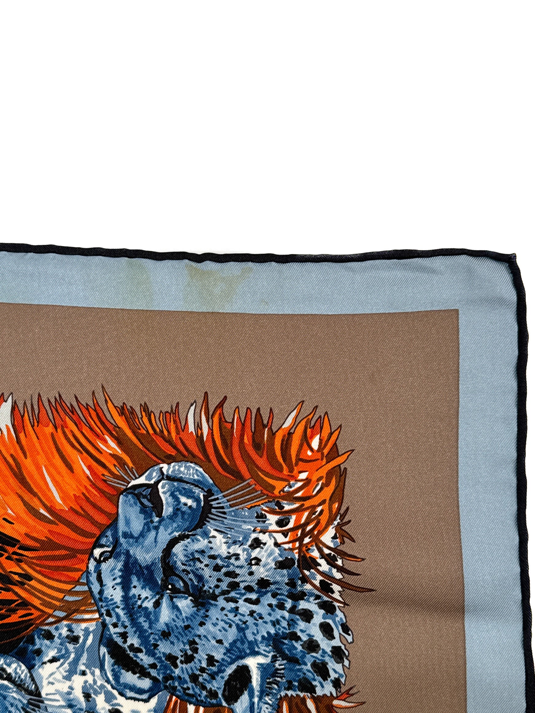 Hermès carre 90cm blue, orange, taupe guepards silk scarf