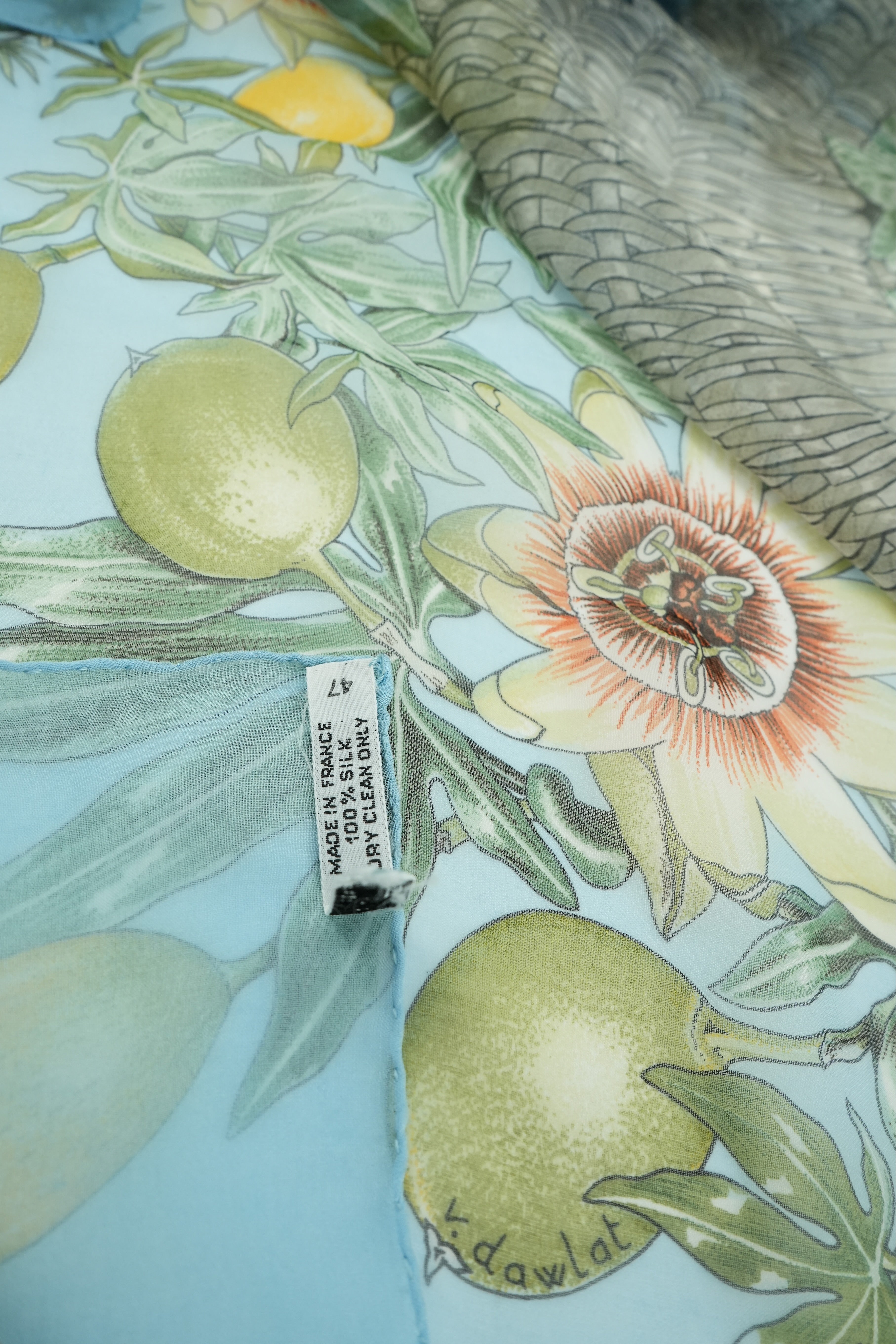 Hermès blue silk Passiflores oblong mousseline shawl