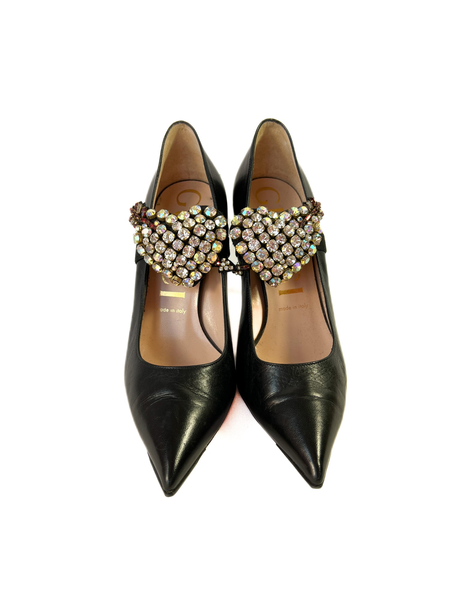 Gucci black leather pumps with removable heart rhinestone band 