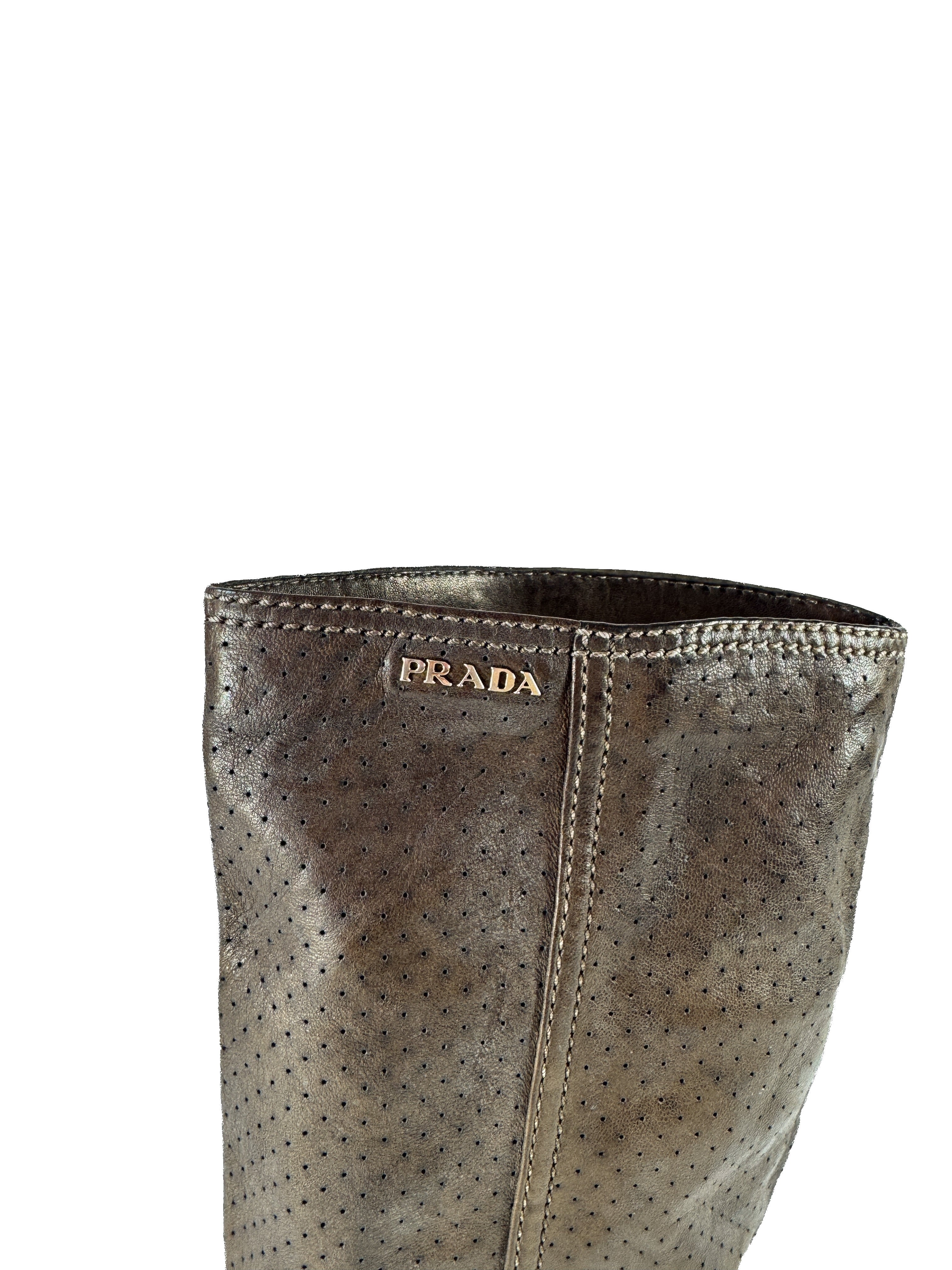 Prada brown leather perforated boots size 38 3W5203