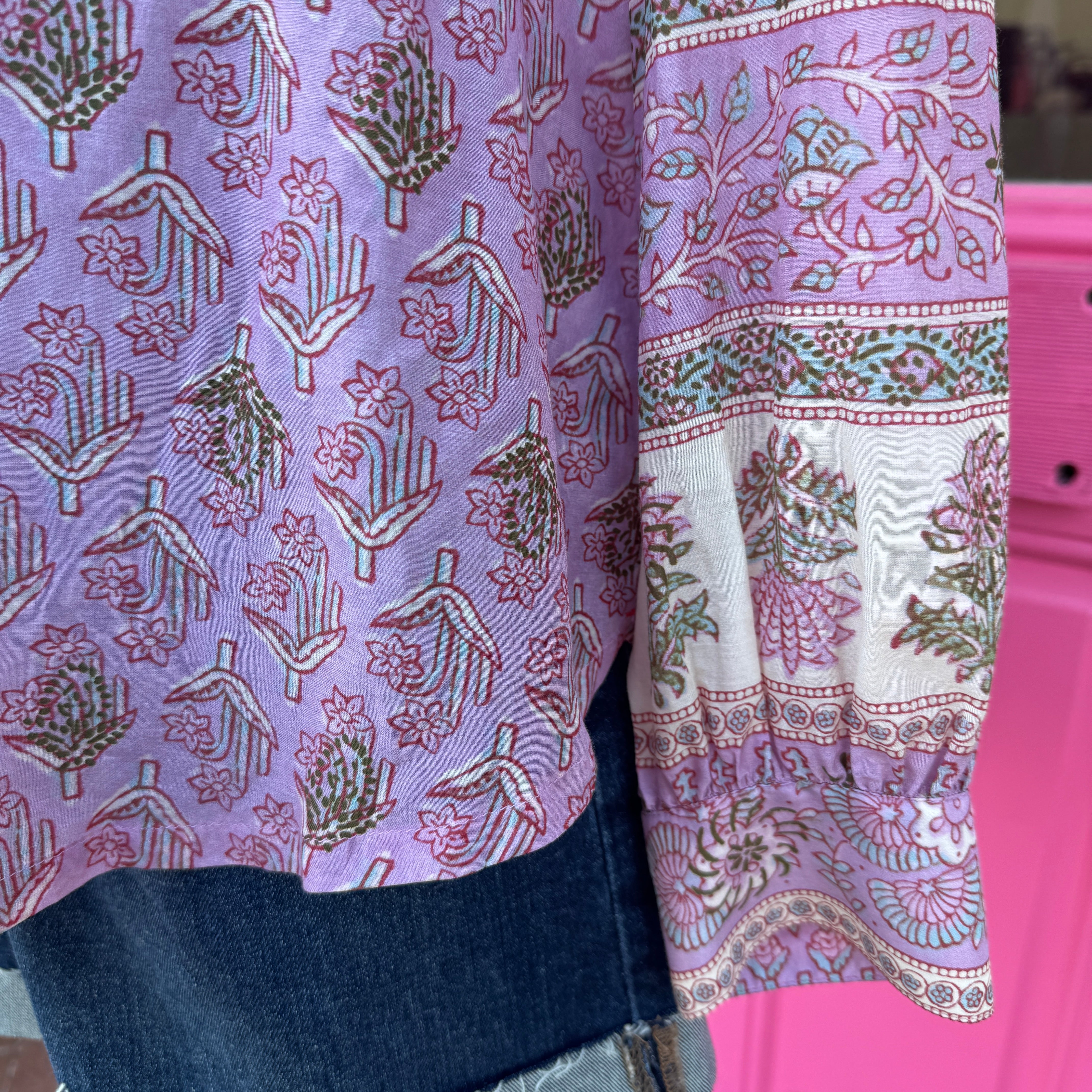 Xirena purple print sheer long sleeve top size M