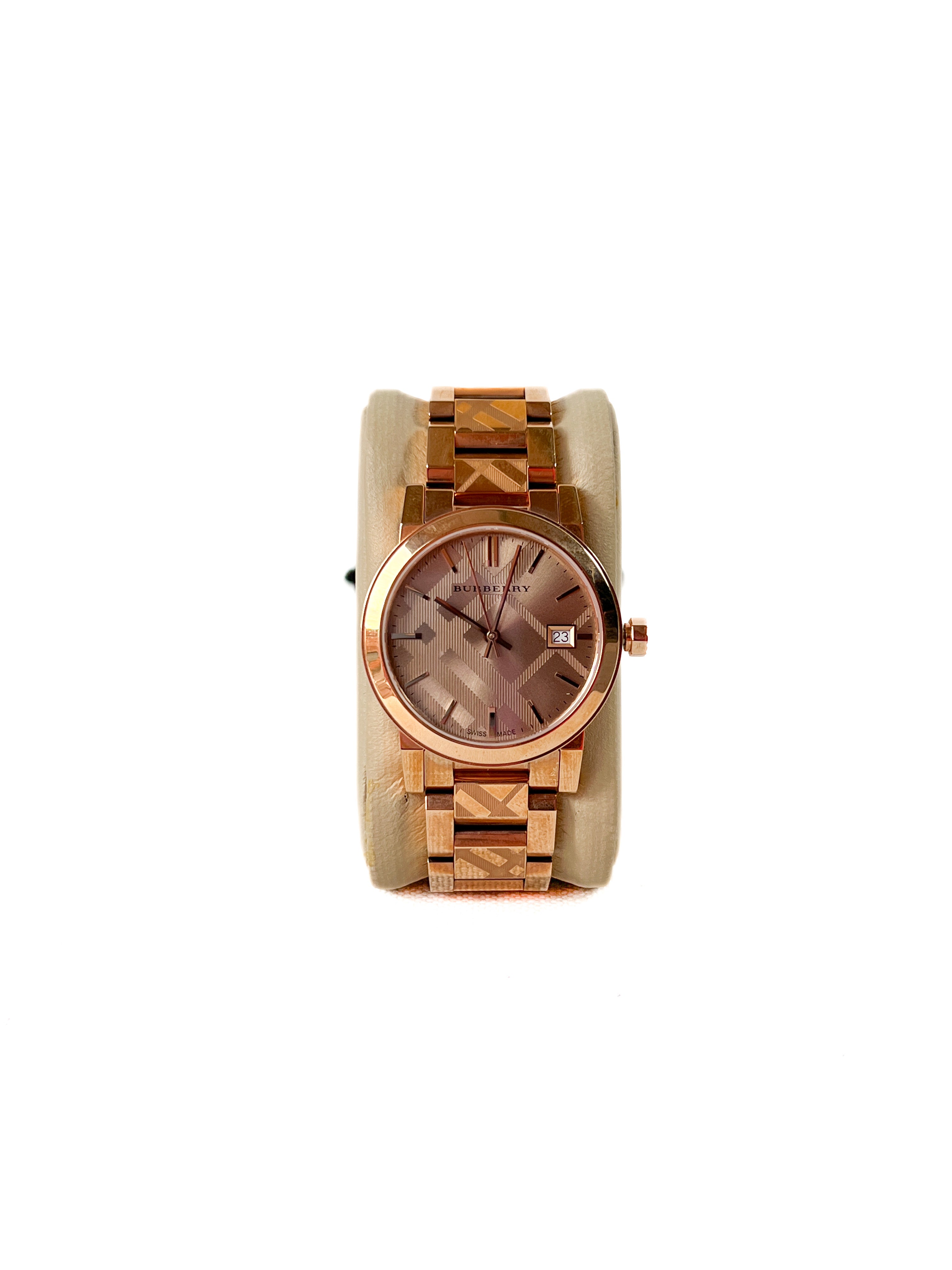 Burberry rose gold tone plaid watch