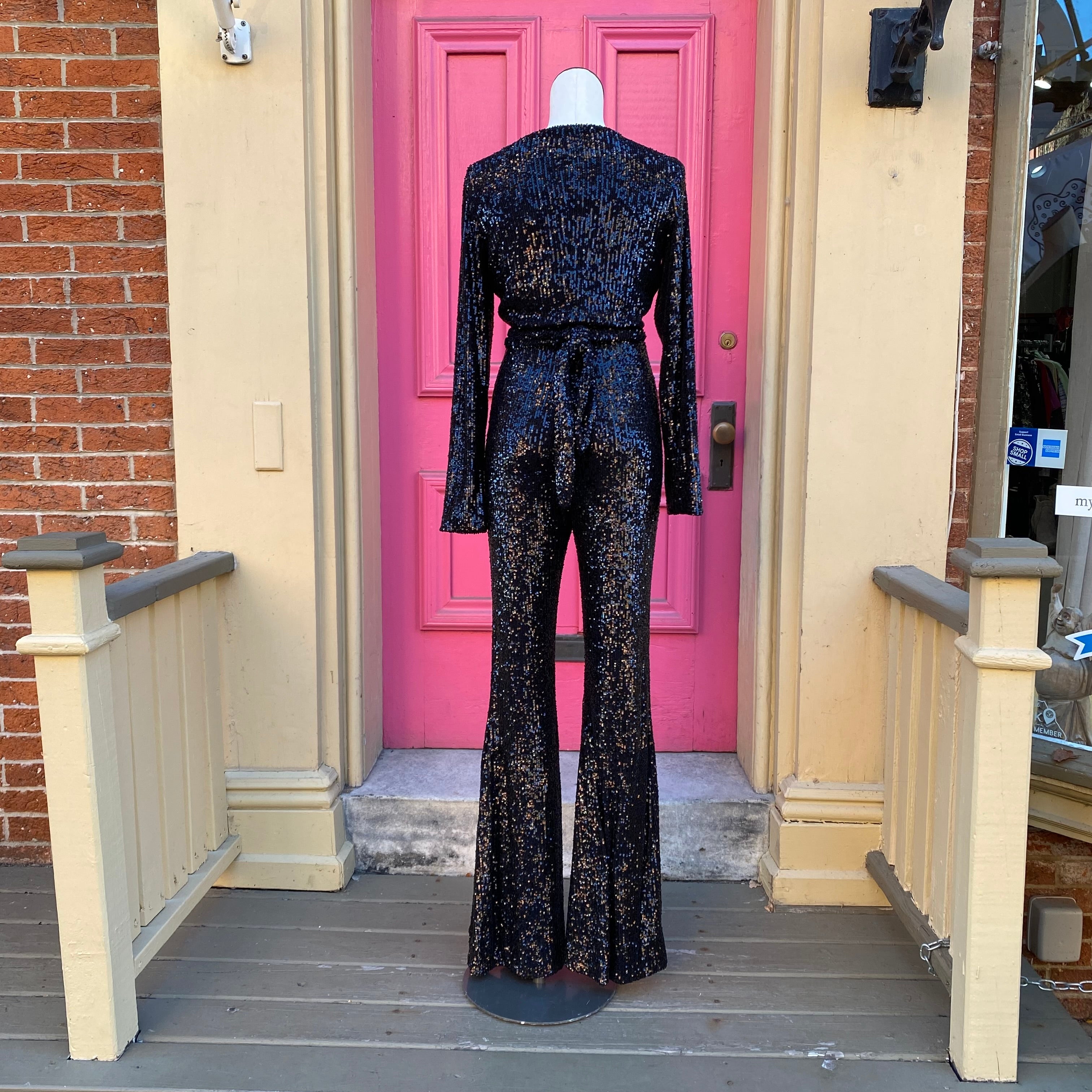 Show me your Mumu black sequined Martina jumpsuit size L NWT retail $388