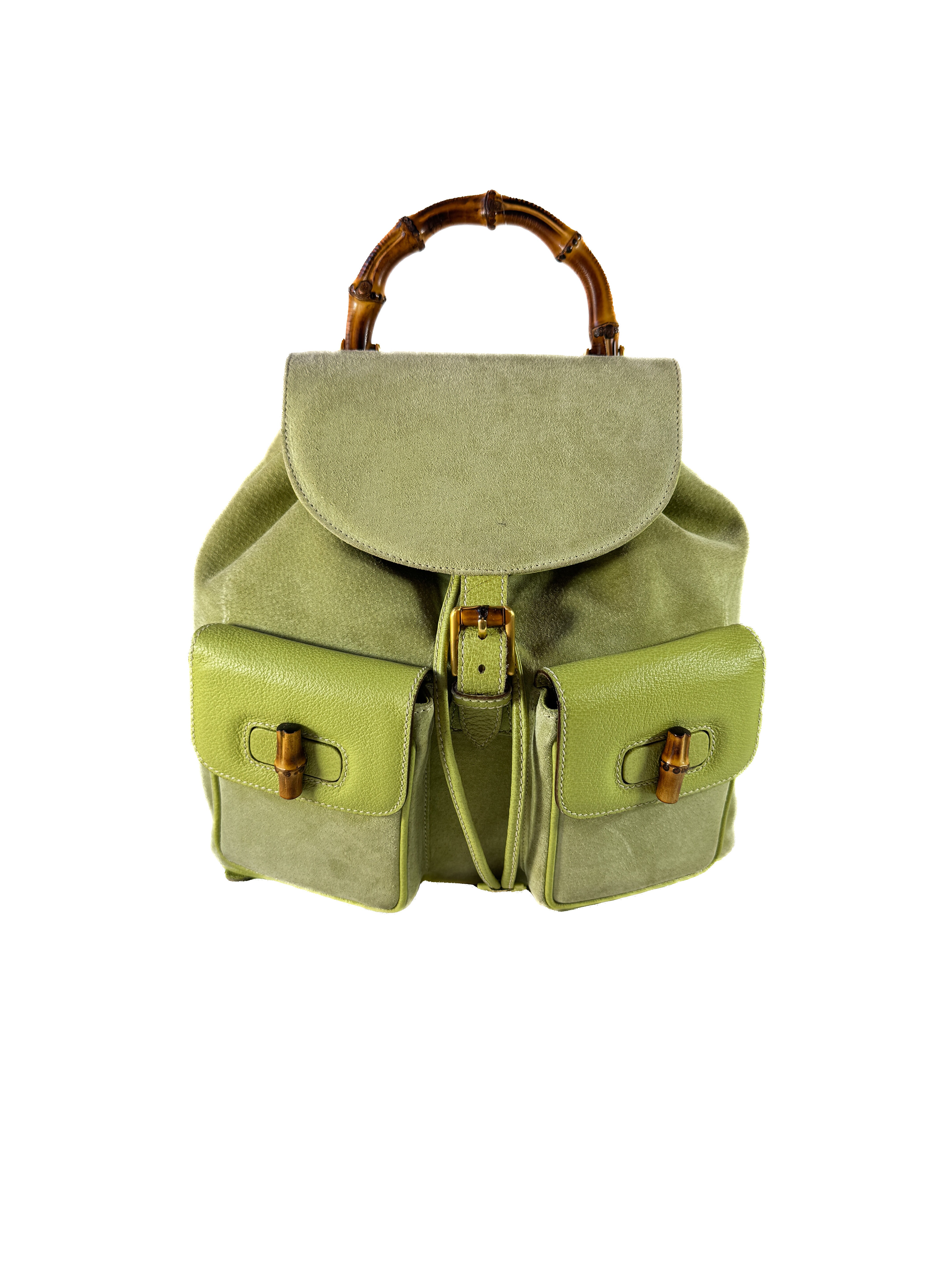 Gucci lime green vintage suede Bamboo large backpack 003-1998-0016