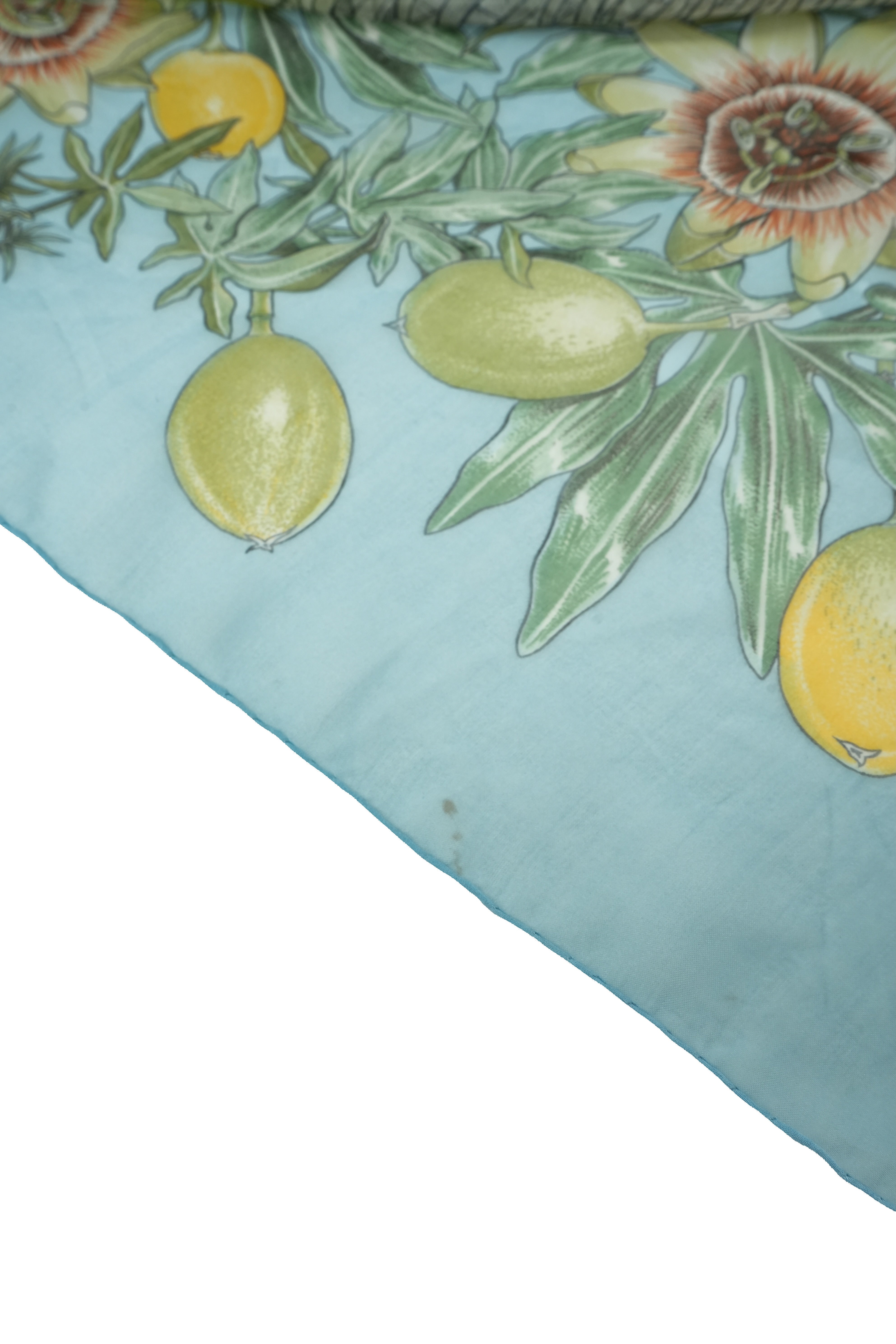 Hermès blue silk Passiflores oblong mousseline shawl