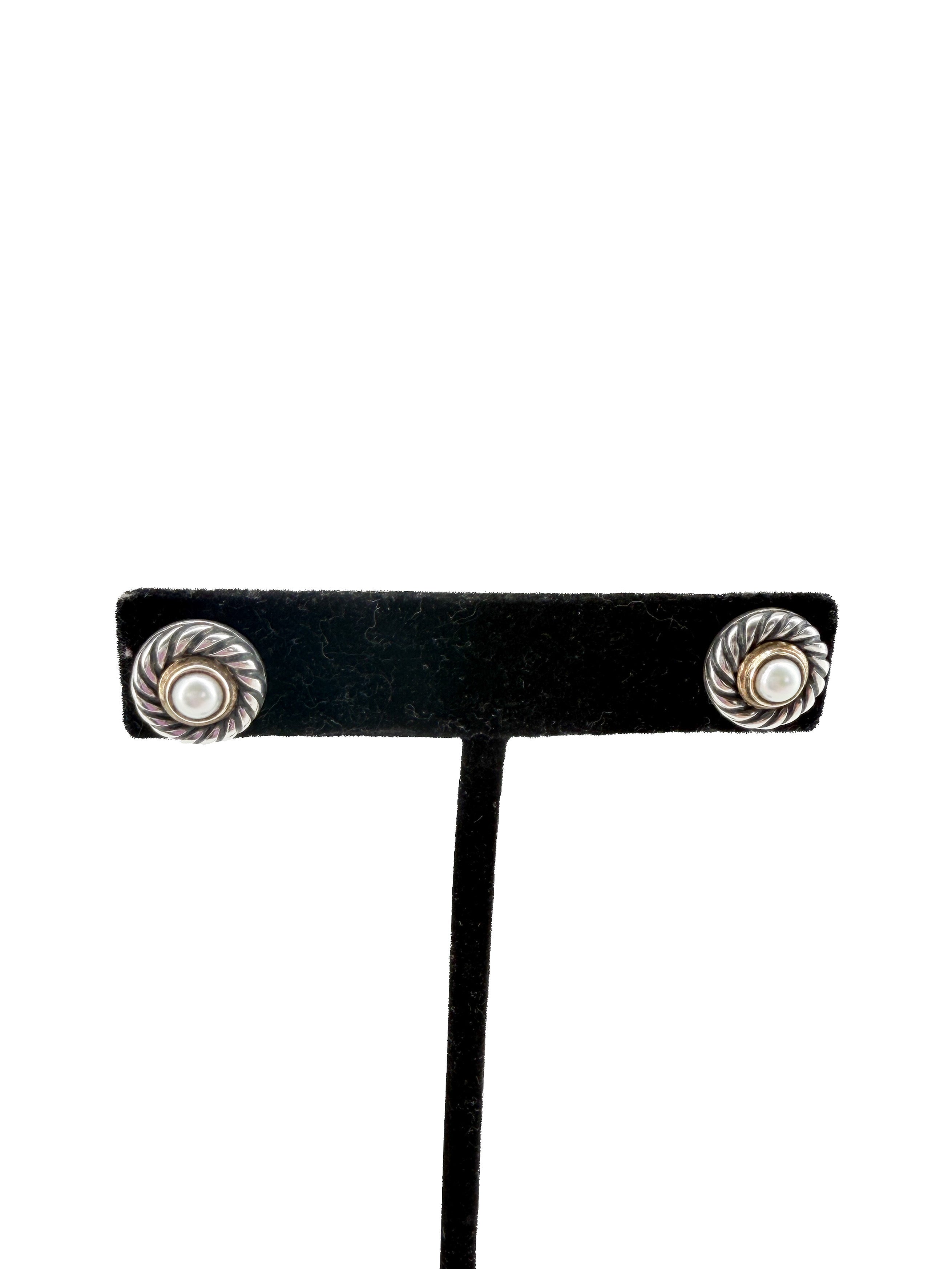 David Yurman sterling silver, yellow gold, pearl cookie stud earrings - My Girlfriend's Wardrobe LLC