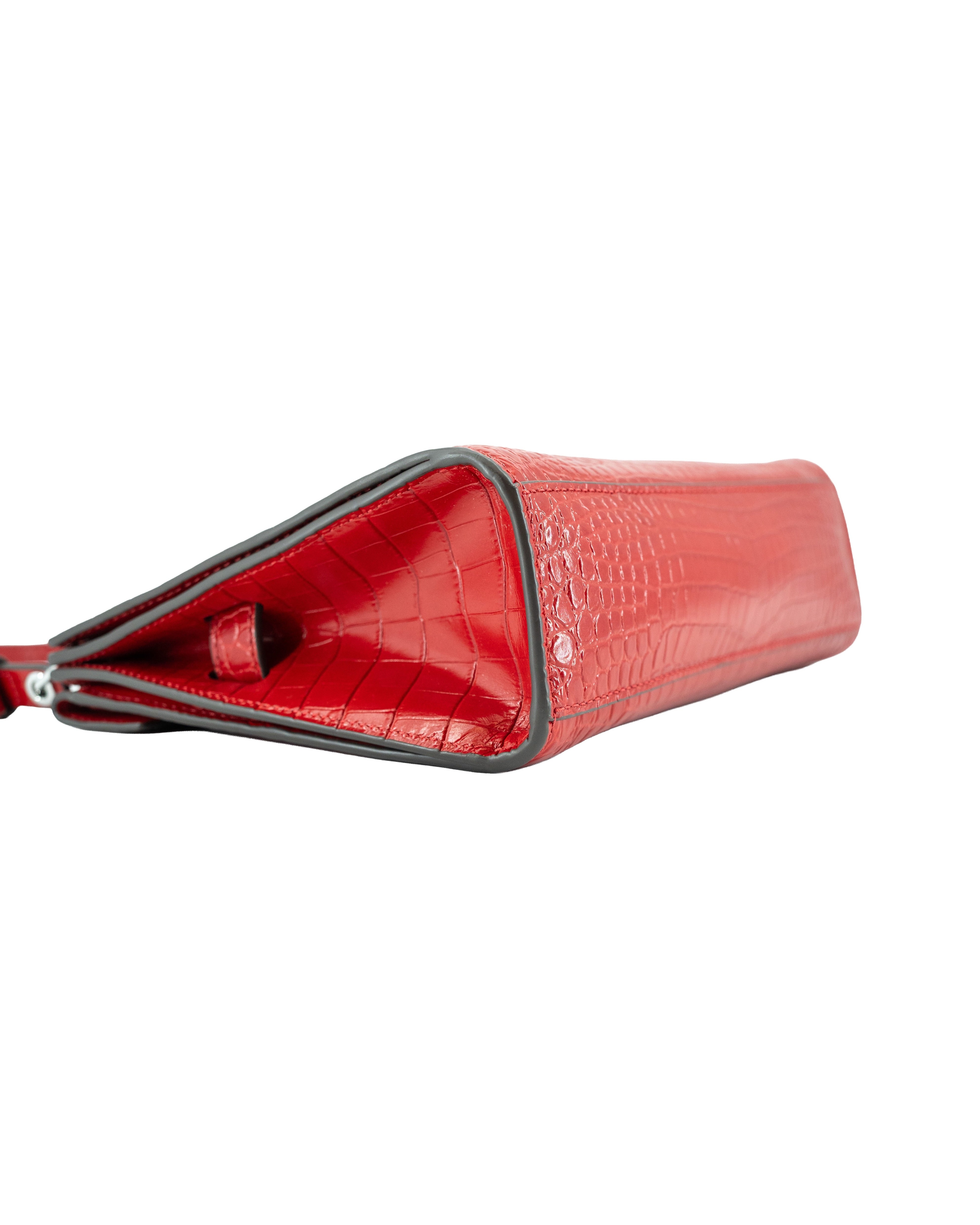 Tory Burch red croc embossed Lee Radziwill shoulder bag