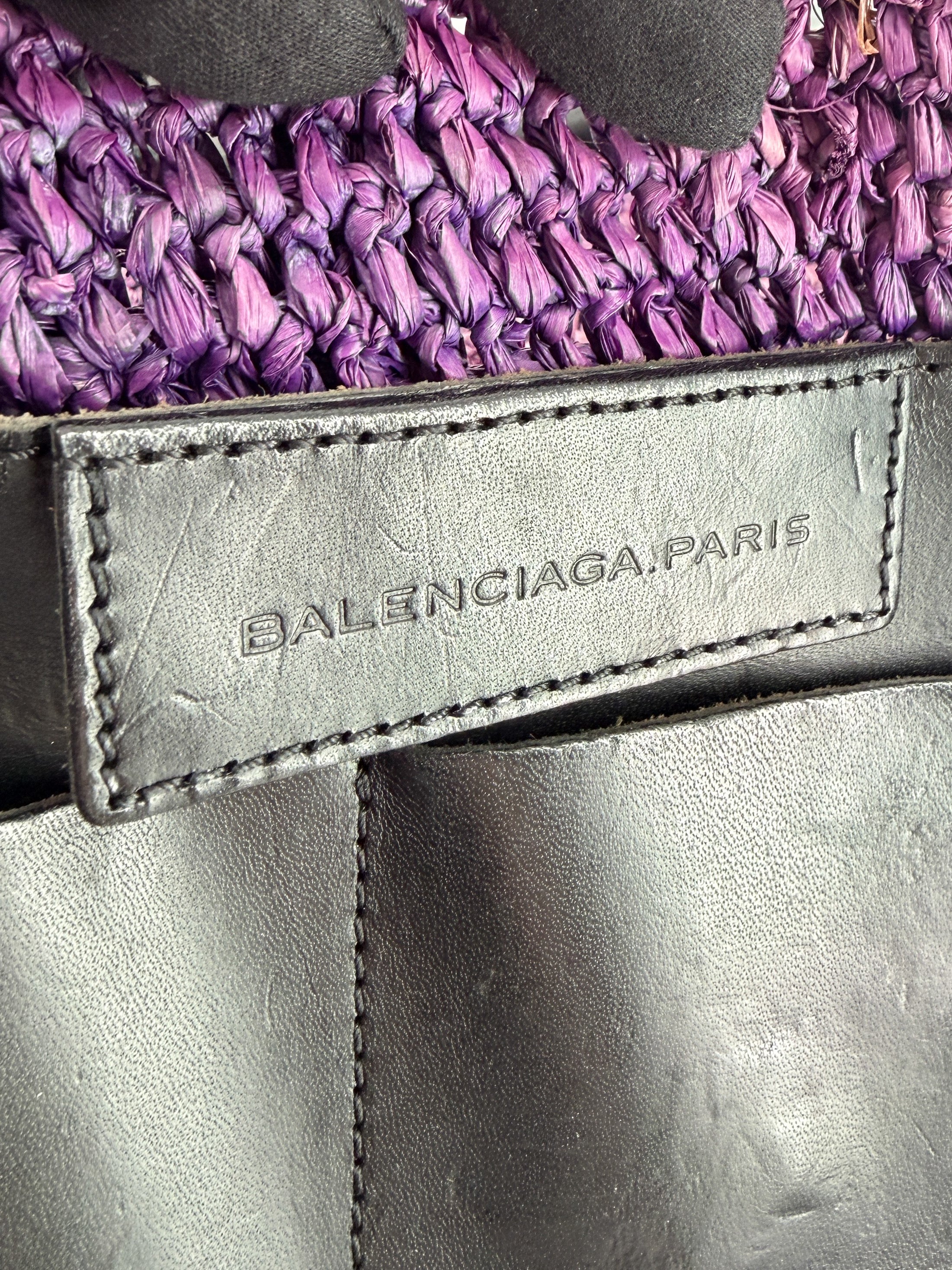 Balenciaga purple, black Raffia Motocross Panier basket 23674105260 515859