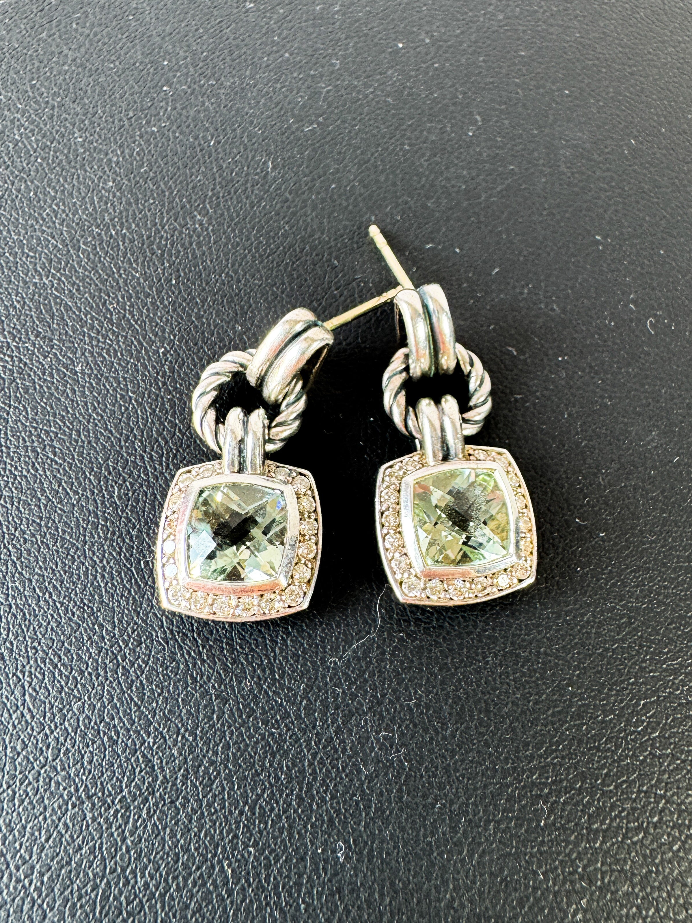 David Yurman sterling silver prasiolite, diamond Albion drop earrings