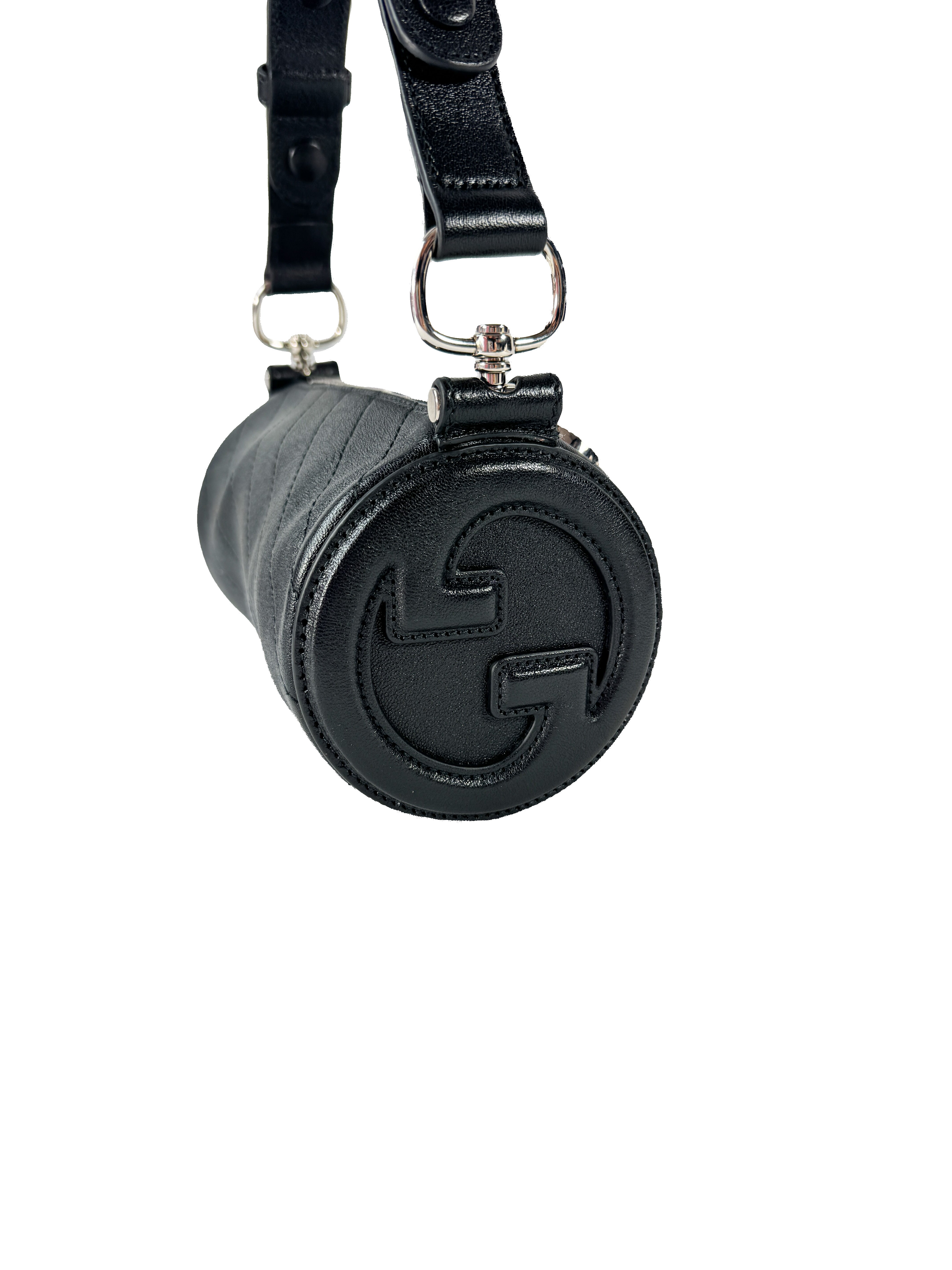 Gucci Sakai Be Green Calfskin Diagonal Stitched Mini Blondie Barrel Shoulder Bag Black 760170525040