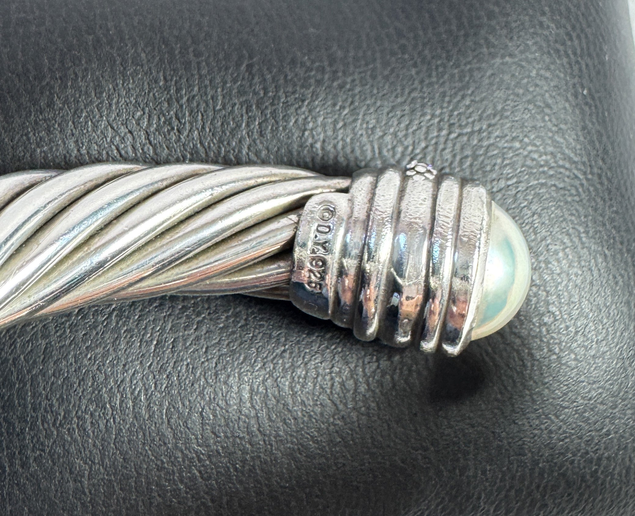 David Yurman sterling silver, diamond, pearl 10MM hinged cable bracelet