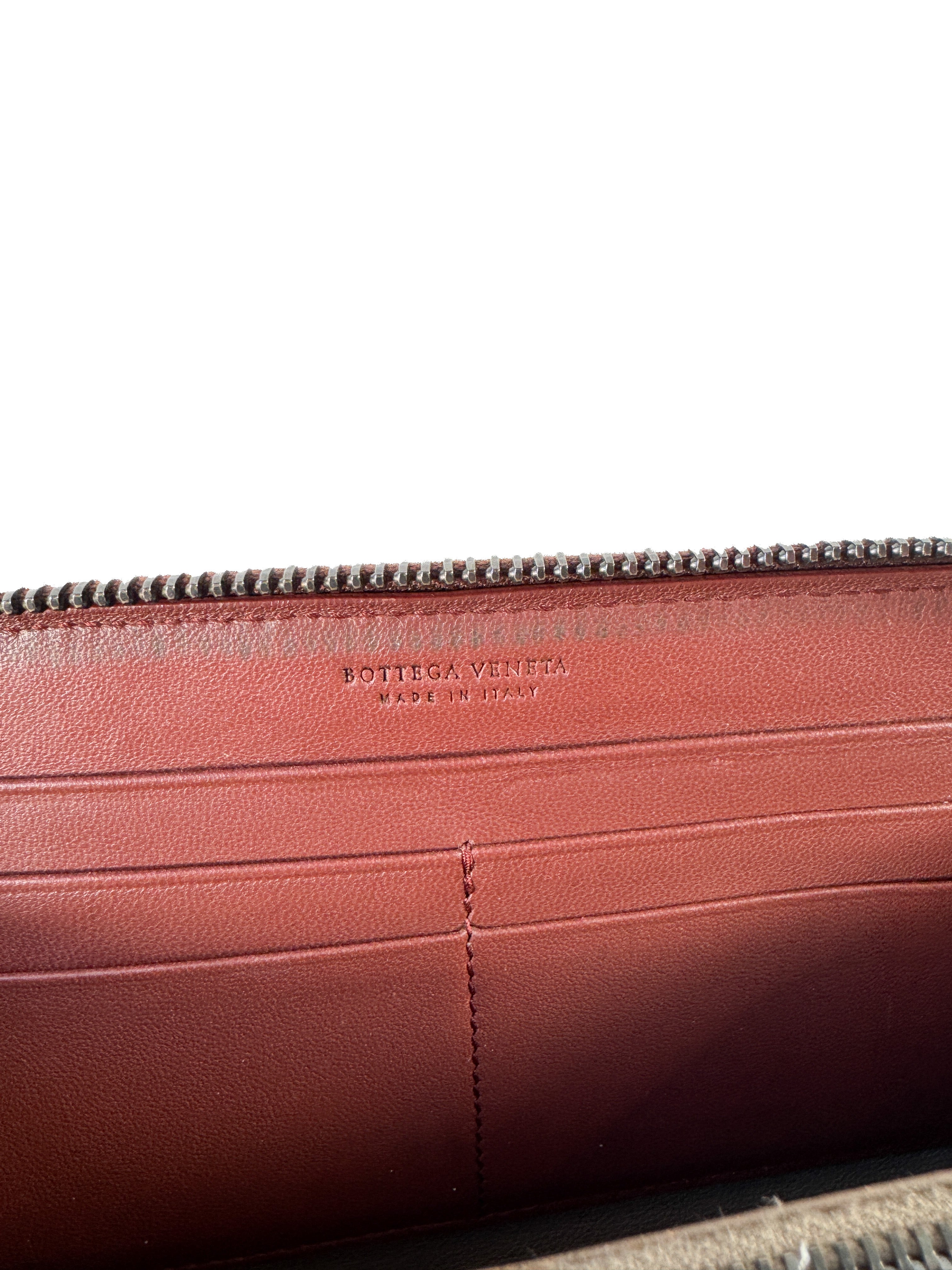 Bottega Veneta burgundy Intrecciato woven zip around wallet **as is**