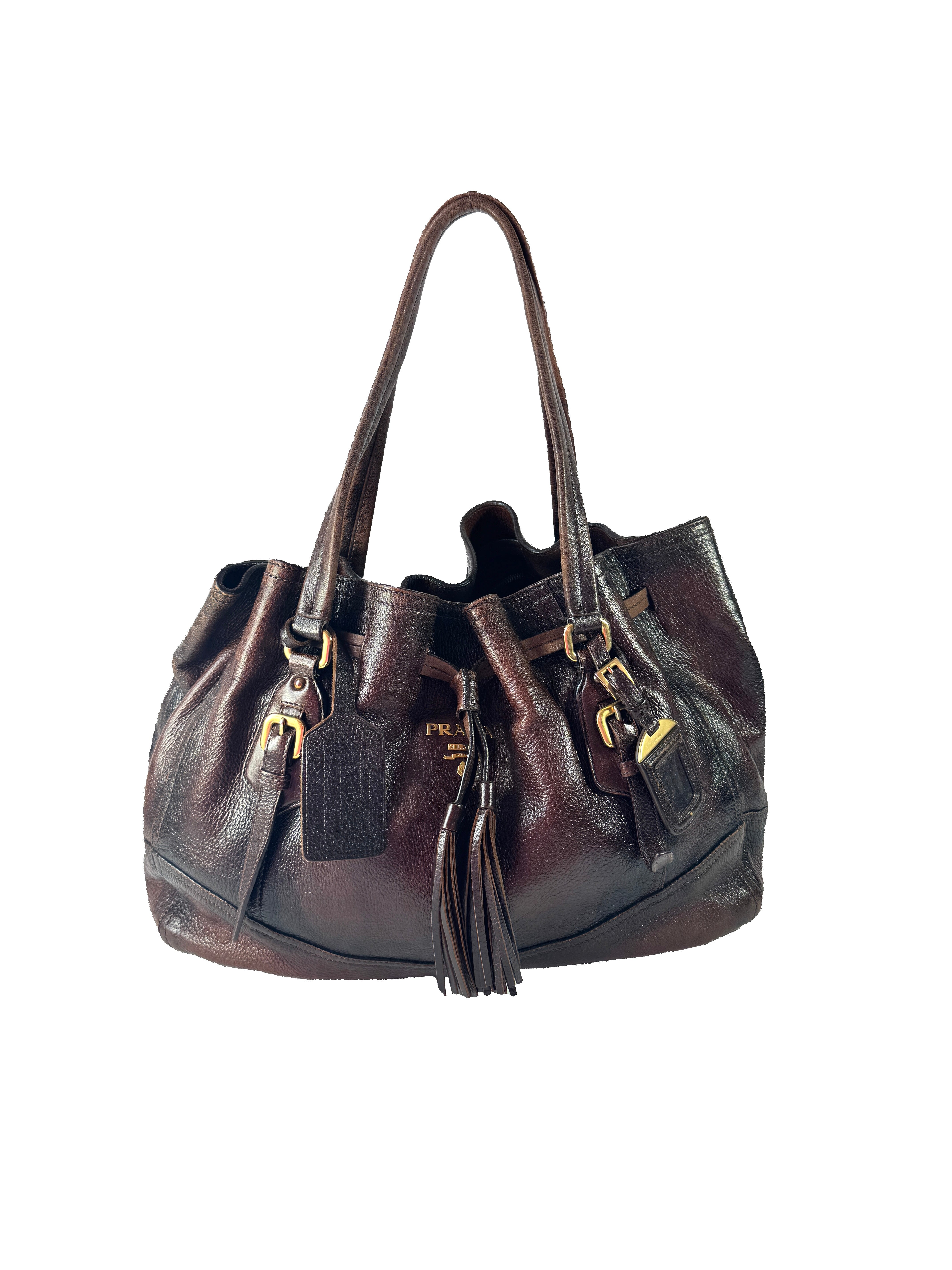 Prada brown leather Cervo Antik drawstring bag T7