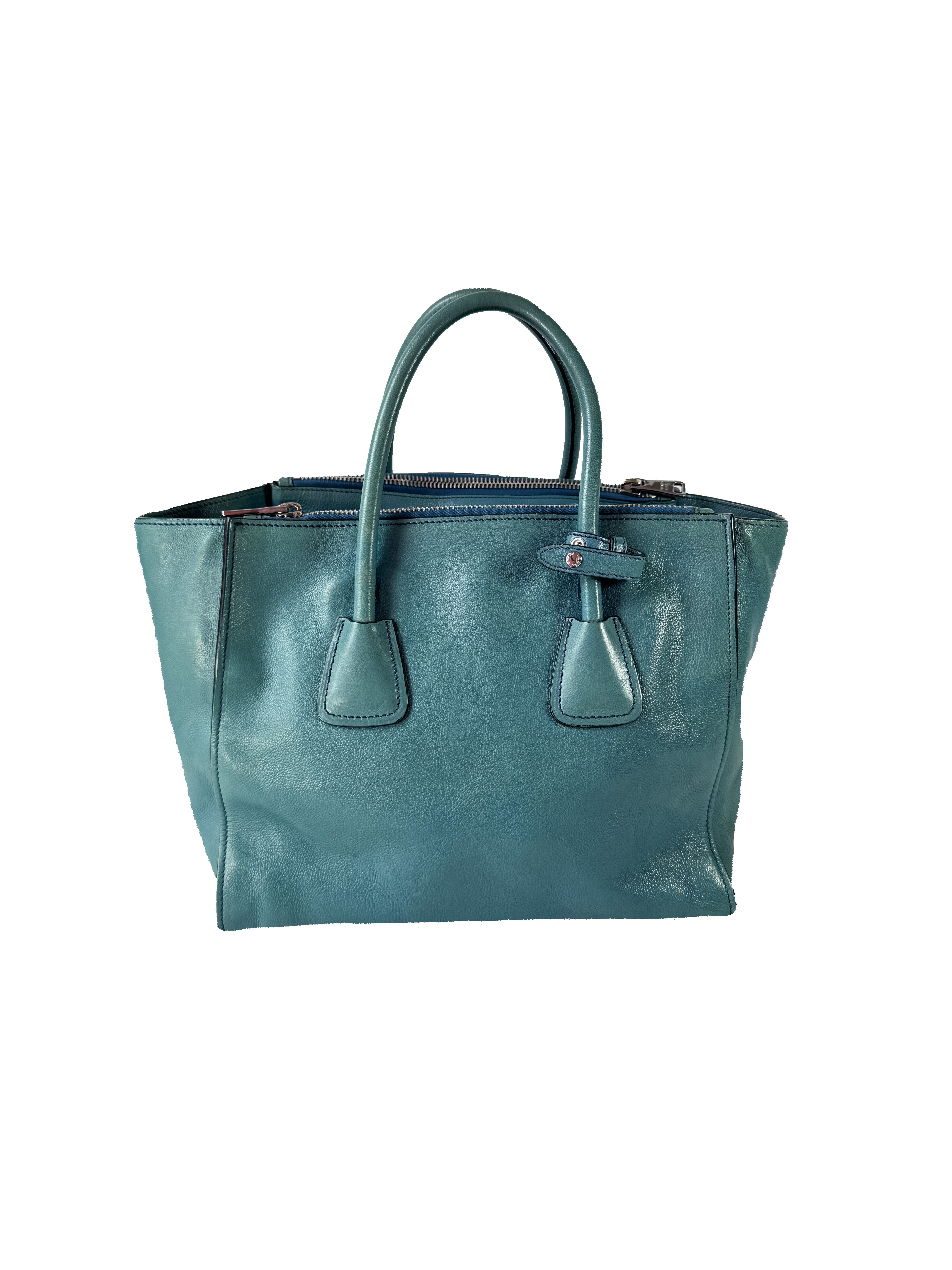 Prada teal twin pocket Glace leather tote 14/O