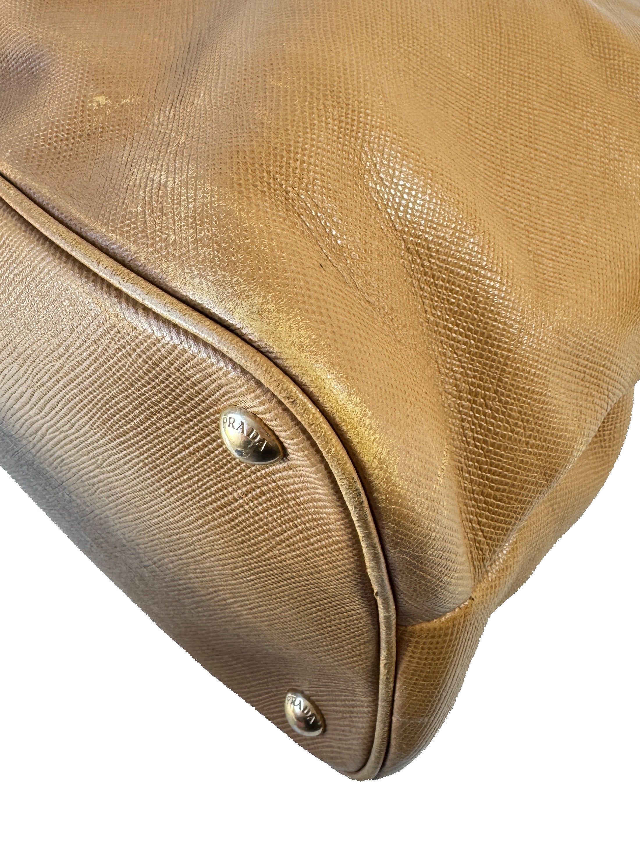 Prada brown Saffiano triple zip domed satchel 180