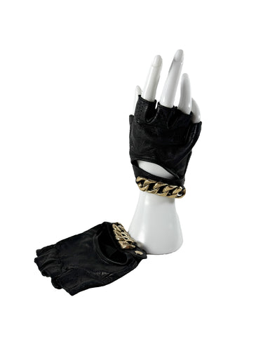 Chanel black leather fingerless chain gloves size 7