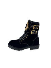 Balmain black velvet embellished combat boots size 38
