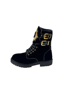 Balmain black velvet embellished combat boots size 38